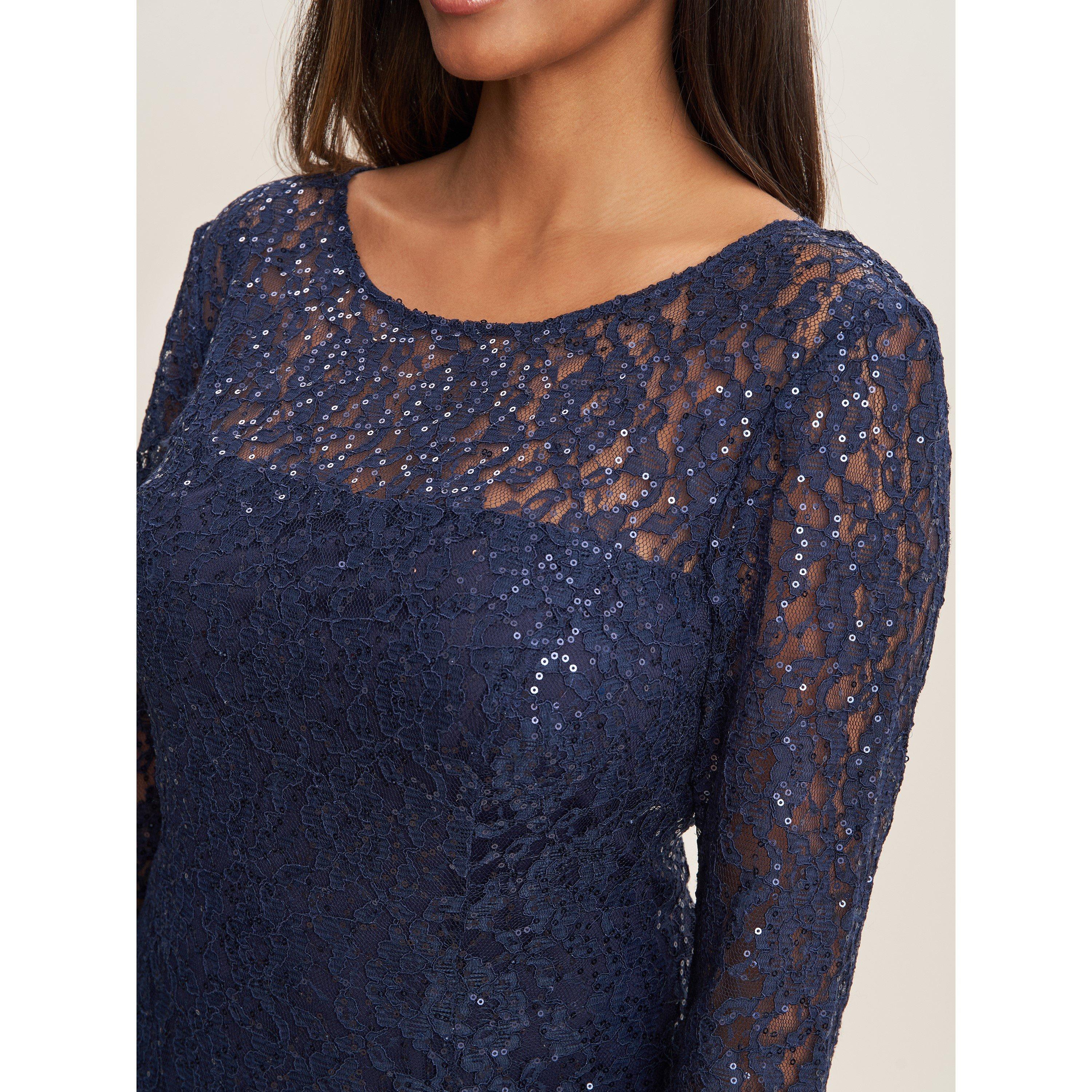 Navy - Gina Bacconi - Elianna Midi Sequin Lace Cocktail Dress - 5