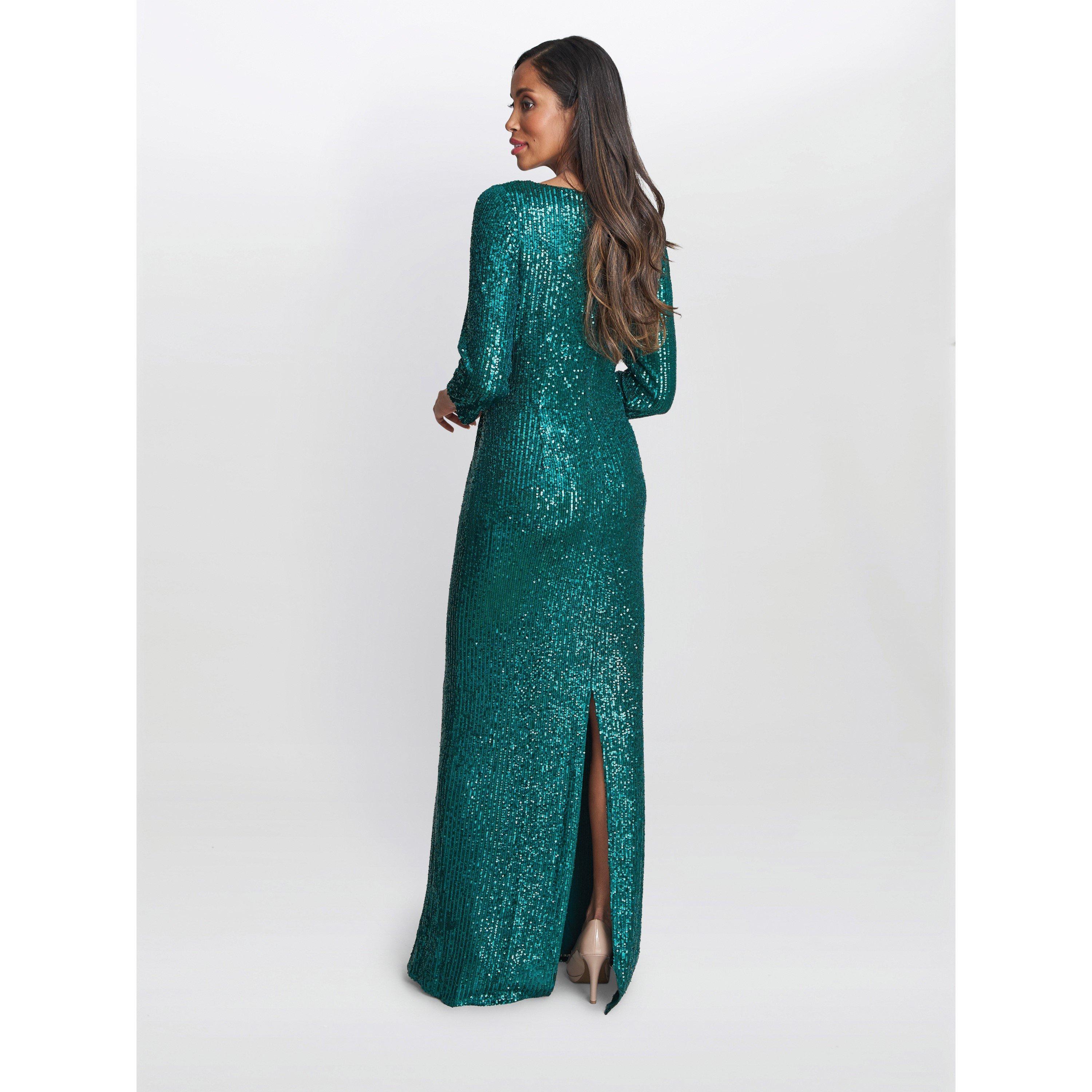 Emerald - Gina Bacconi - Jacynda Sequin 3/4 Sleeve Wrap Dress - 2
