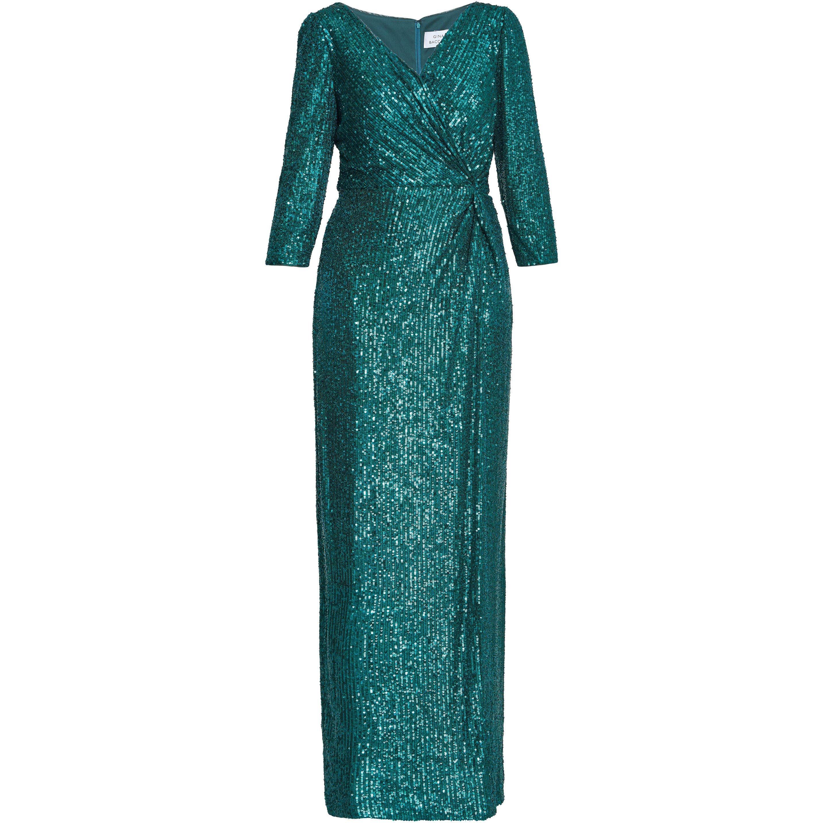 Emerald - Gina Bacconi - Jacynda Sequin 3/4 Sleeve Wrap Dress - 4
