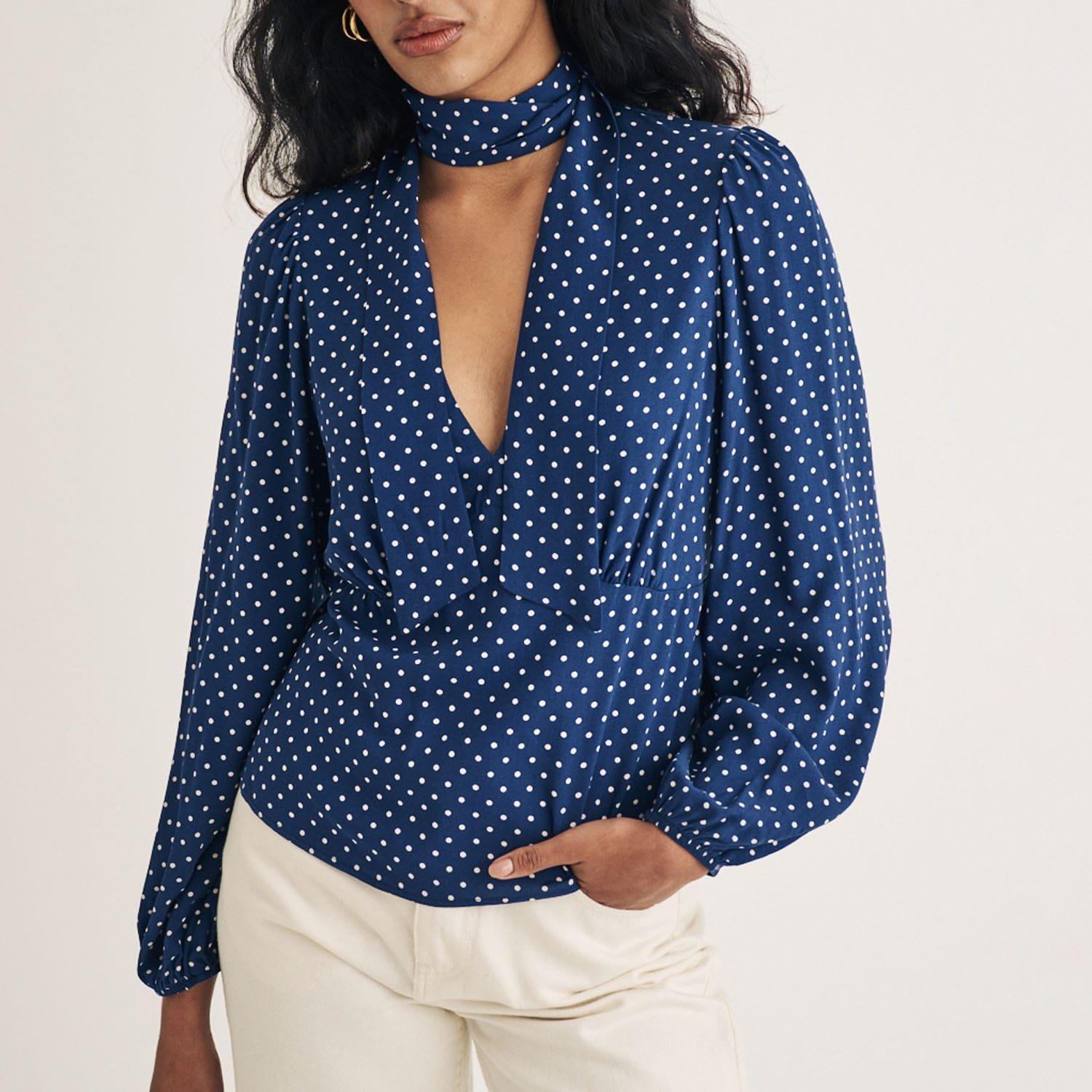 Blue - Nobodys Child - Karen Polka Dot Tie Neck Blouse - 1