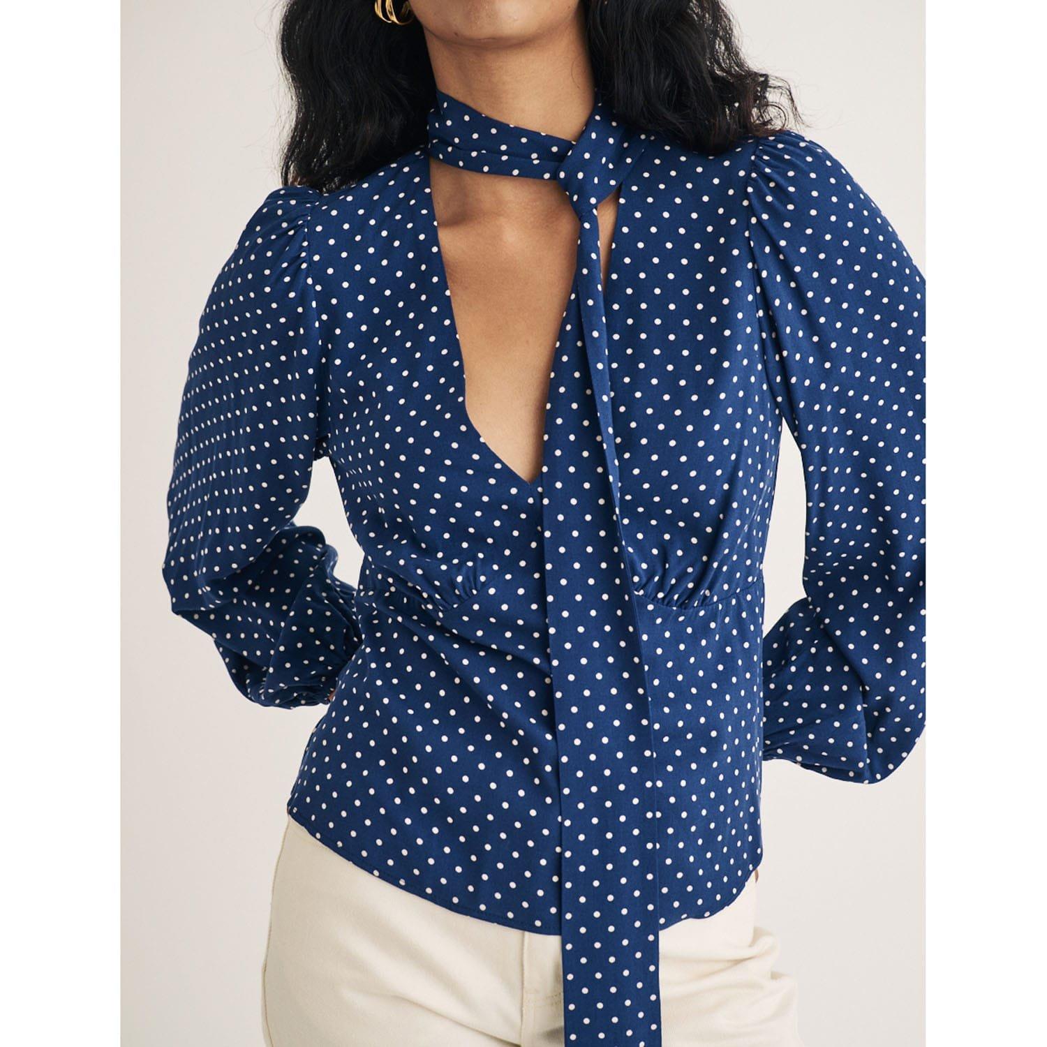 Blue - Nobodys Child - Karen Polka Dot Tie Neck Blouse - 4