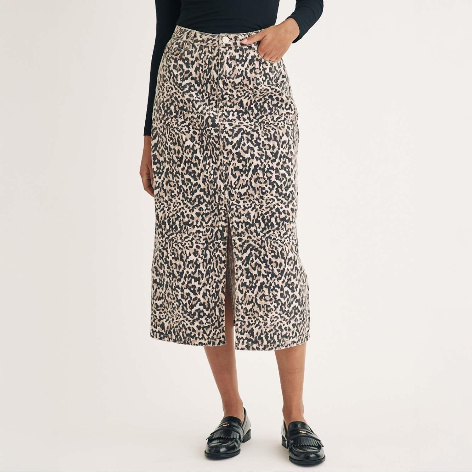 Brown - Nobodys Child - Leopard Print Denim Column Midi Skirt - 1