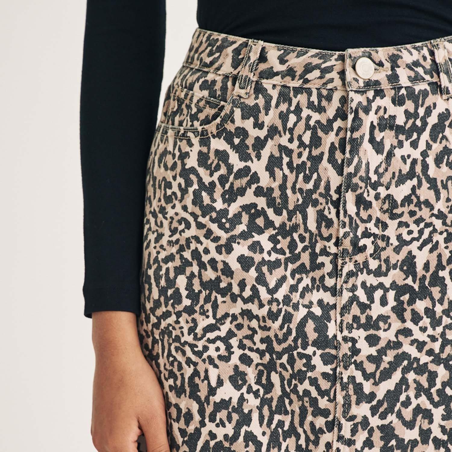 Brown - Nobodys Child - Leopard Print Denim Column Midi Skirt - 3