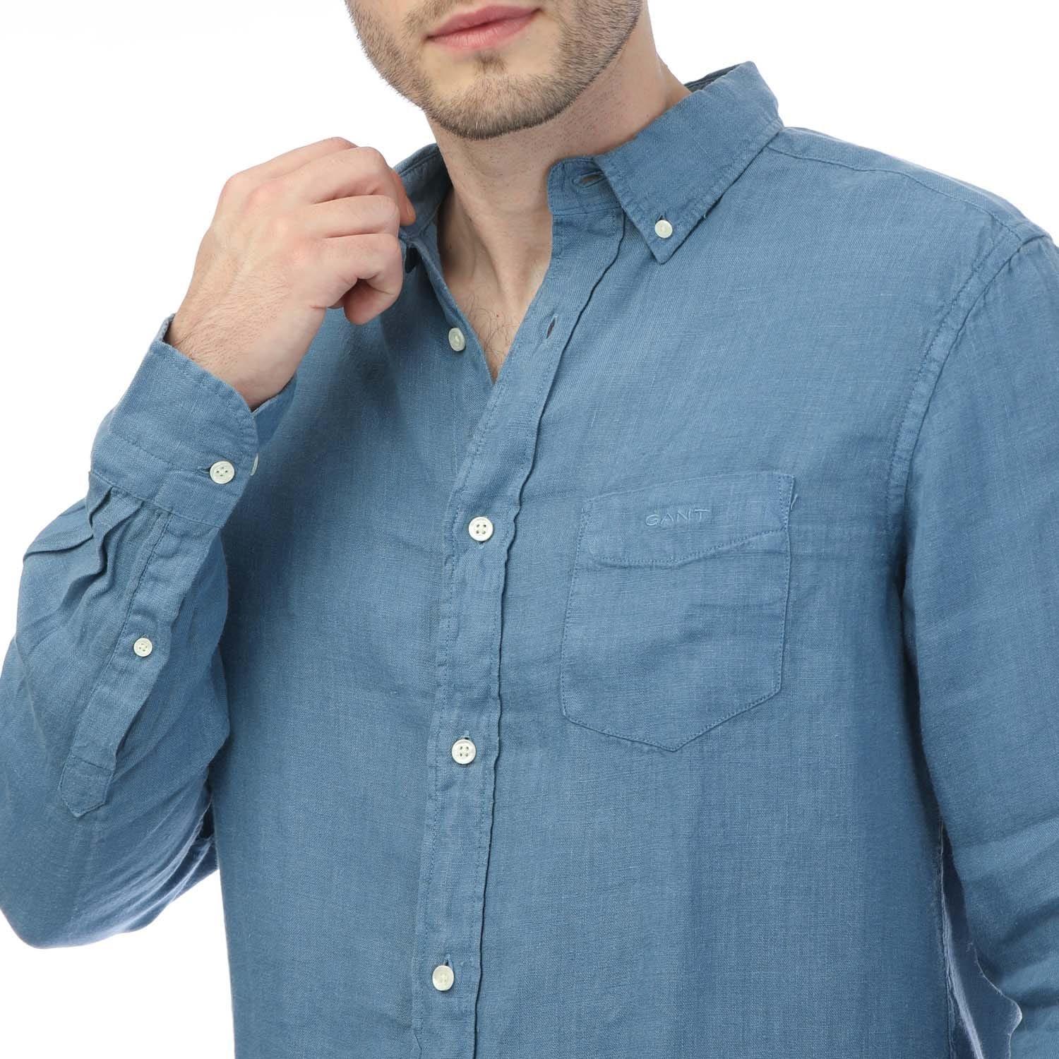 Blue - Gant - Regular Fit Garment Dyed Linen Shirt - 3