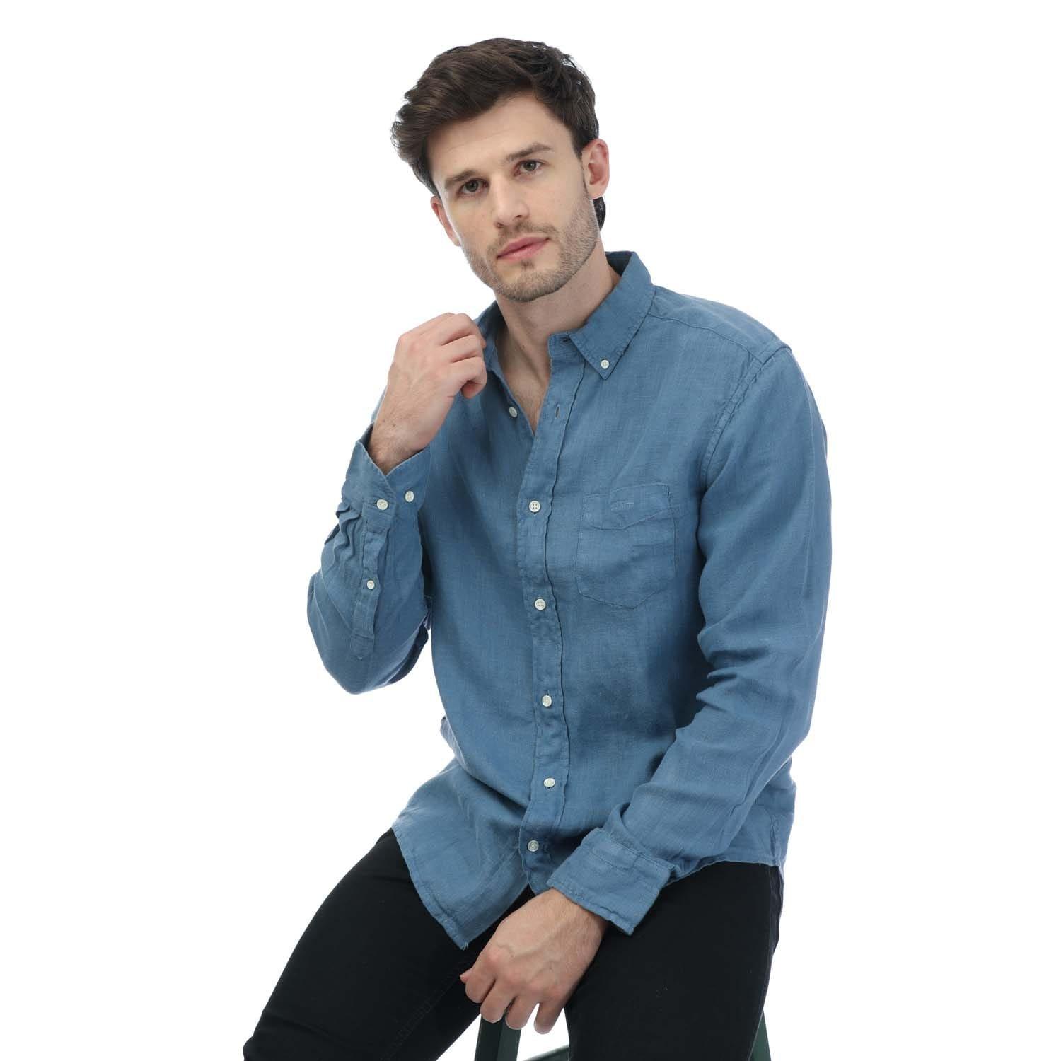 Blue - Gant - Regular Fit Garment Dyed Linen Shirt - 4