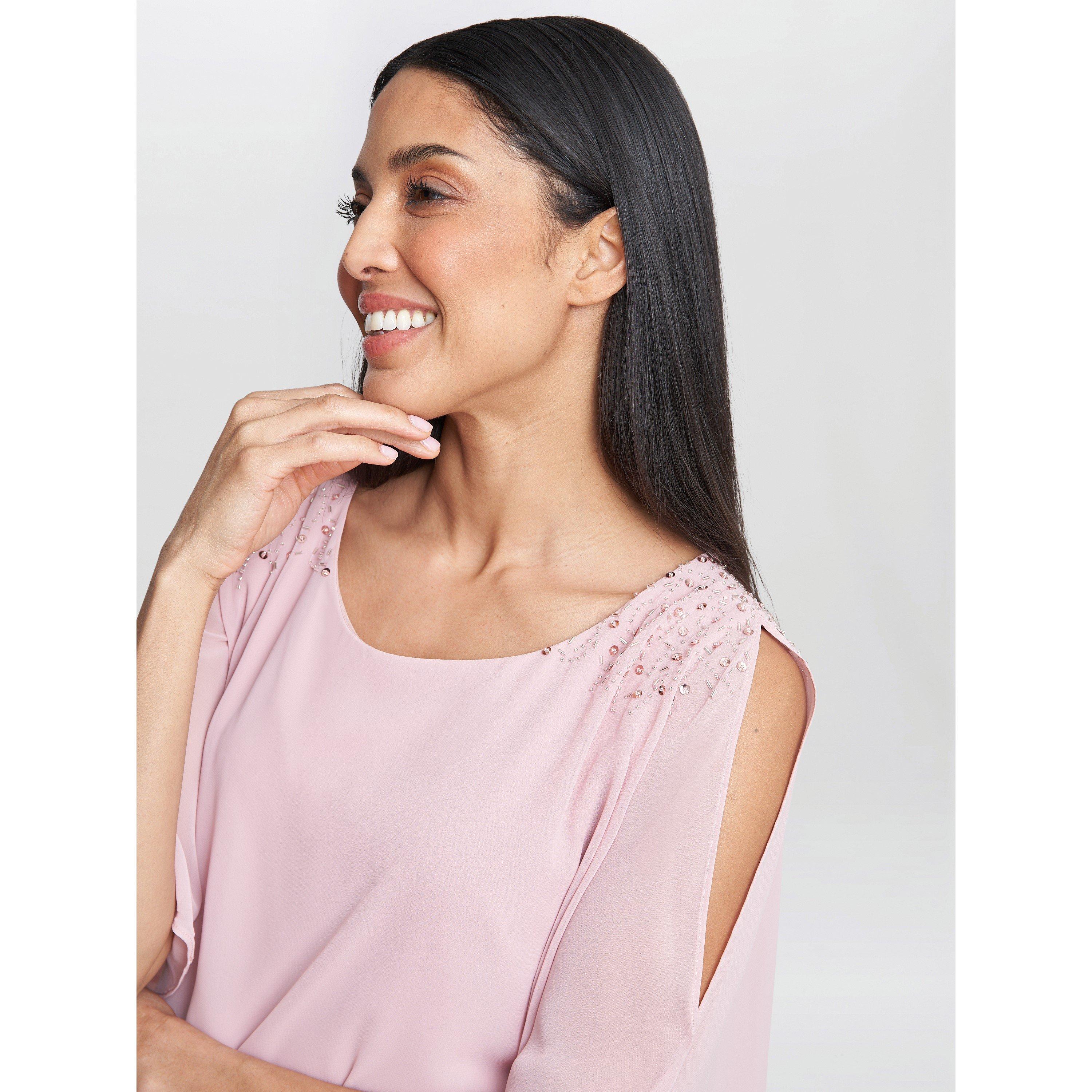 Rose Pink - Gina Bacconi - Women's Zenna Beaded Shoulder Chiffon Shift Dress - 5