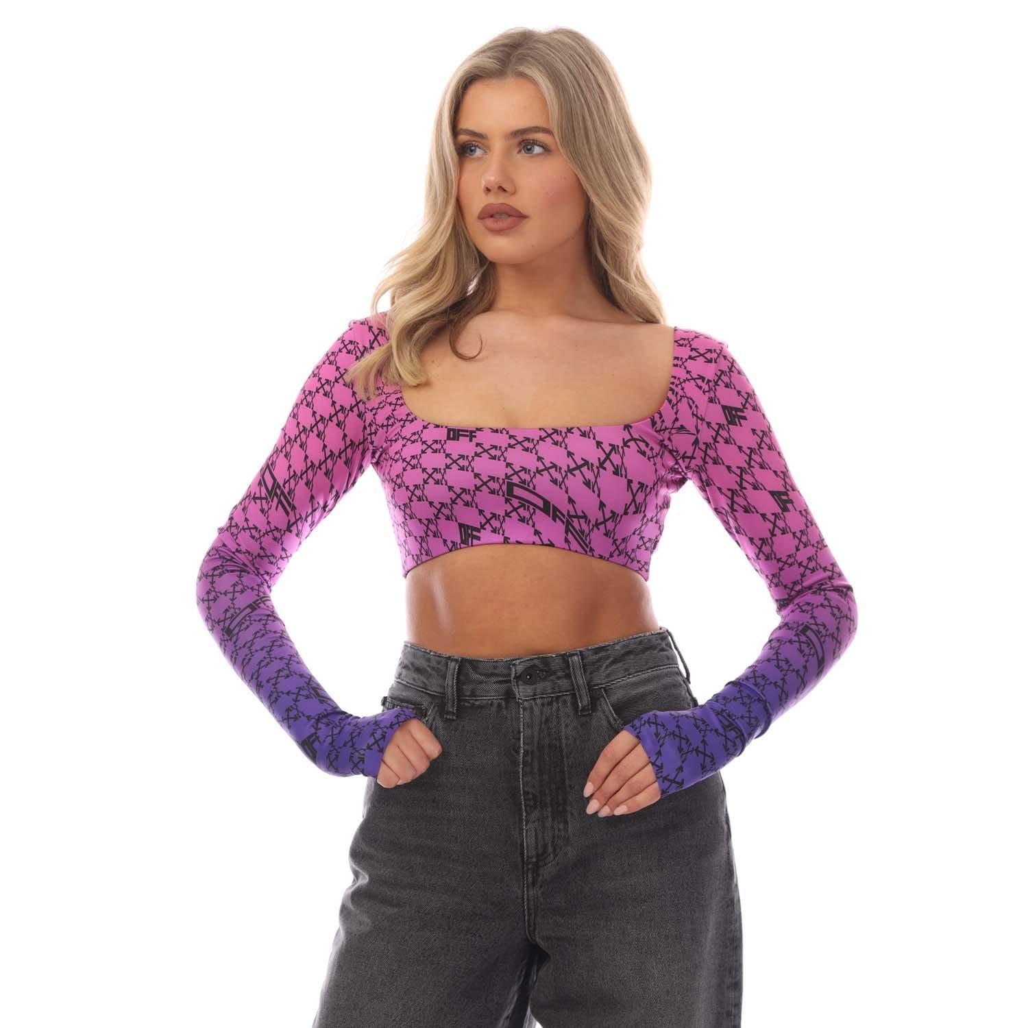 Pink Blue - Off White - Warped Monogram Long Sleeve Cropped Top - 1