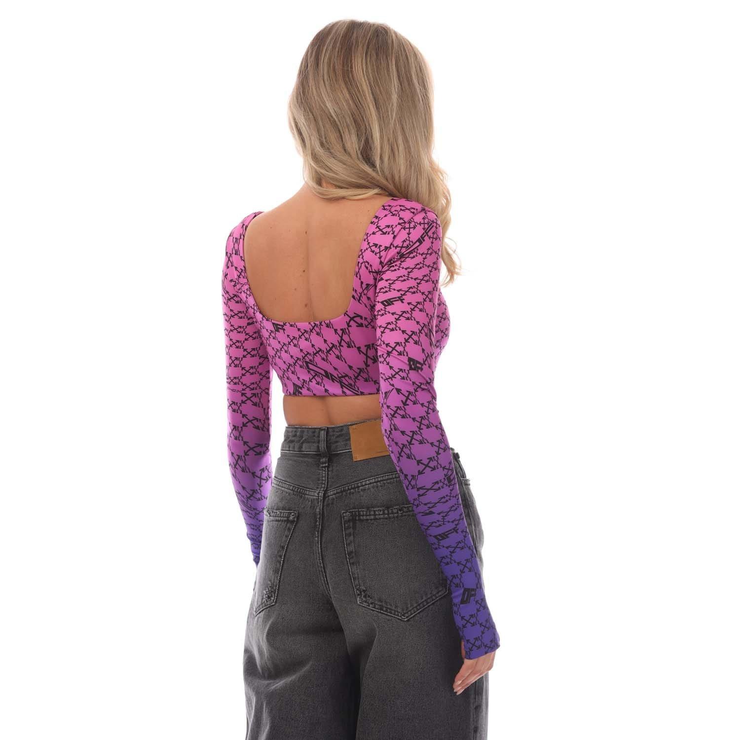 Pink Blue - Off White - Warped Monogram Long Sleeve Cropped Top - 2