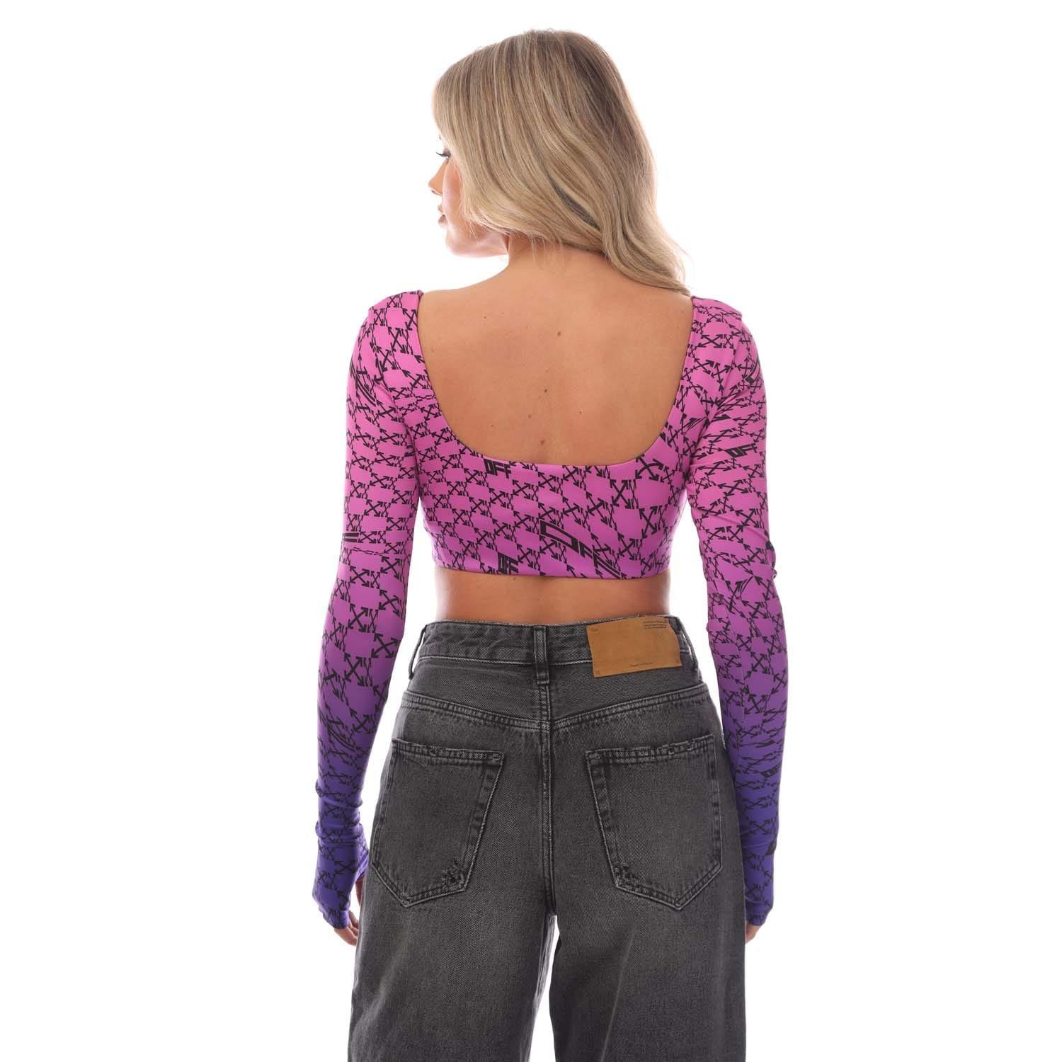 Pink Blue - Off White - Warped Monogram Long Sleeve Cropped Top - 3