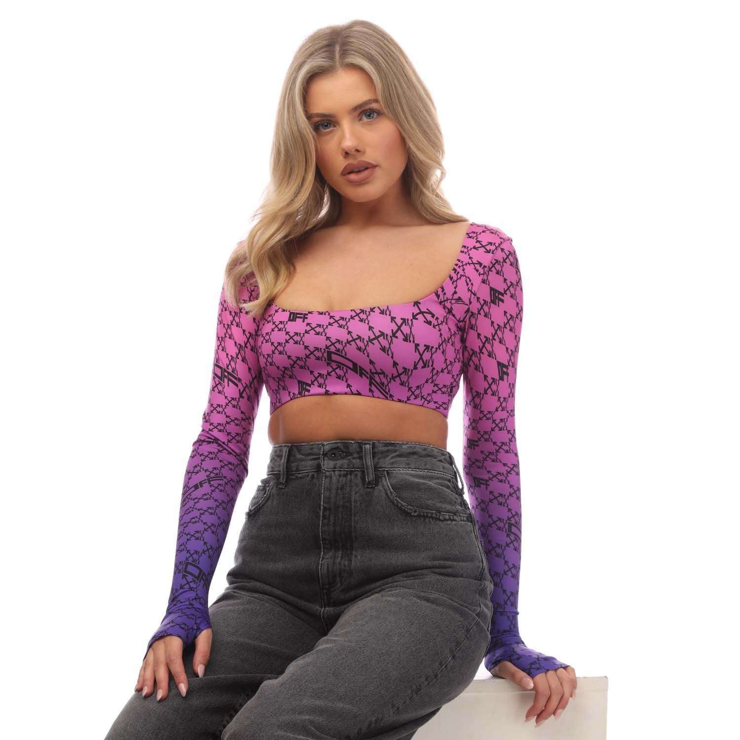 Pink Blue - Off White - Warped Monogram Long Sleeve Cropped Top - 5