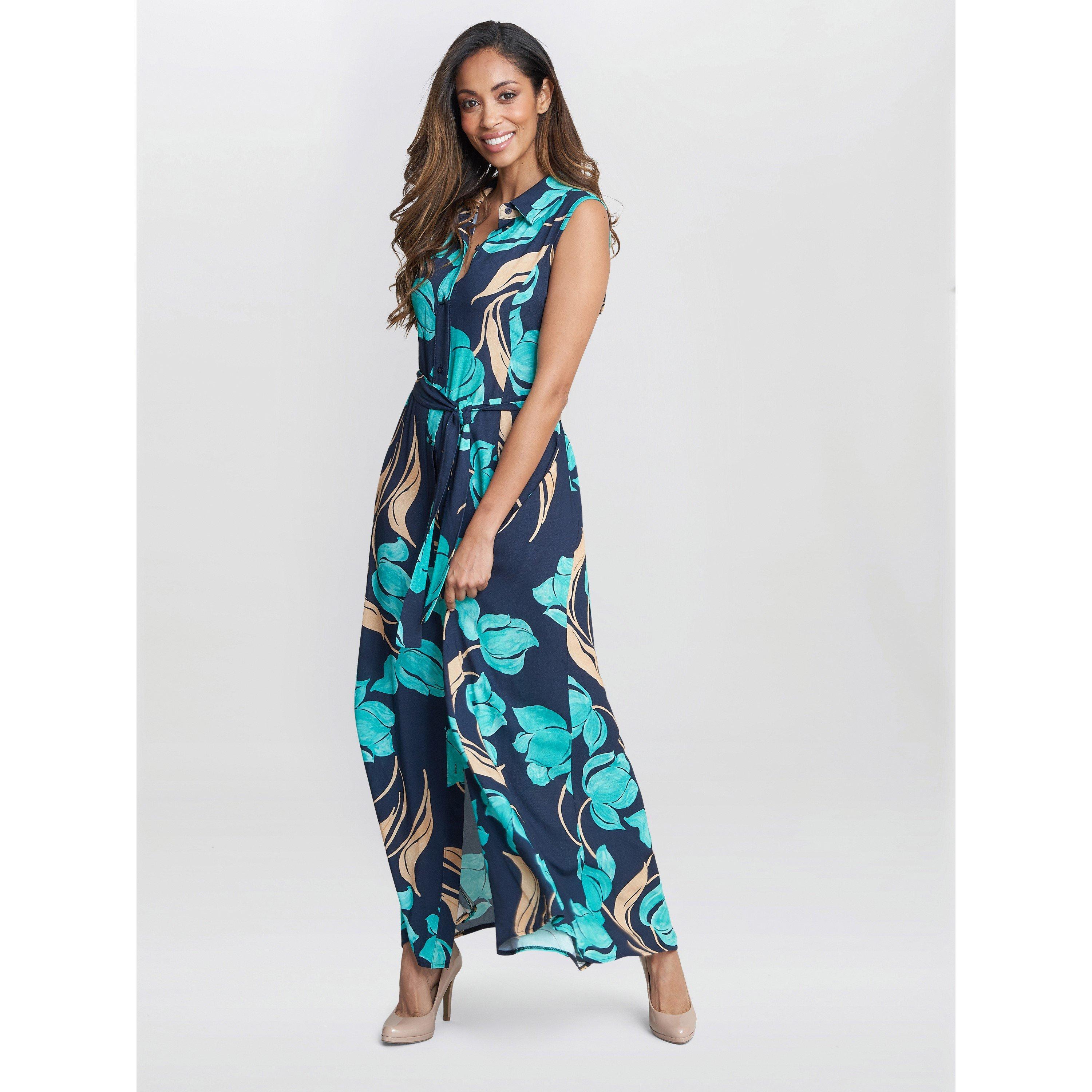 Navy / Multi - Gina Bacconi - Ariel Long Sleeveless Shirt Dress - 4