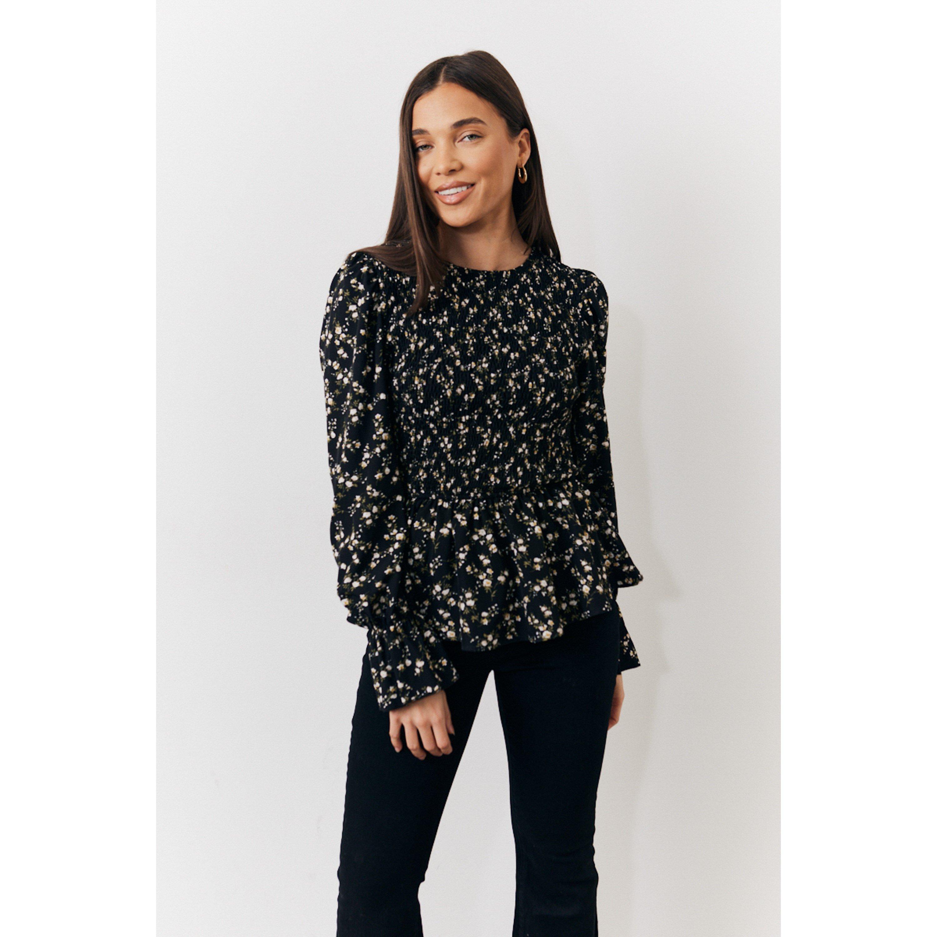 Black - In The Style - Multi Floral Belted Shirred Bust Blouse - 3