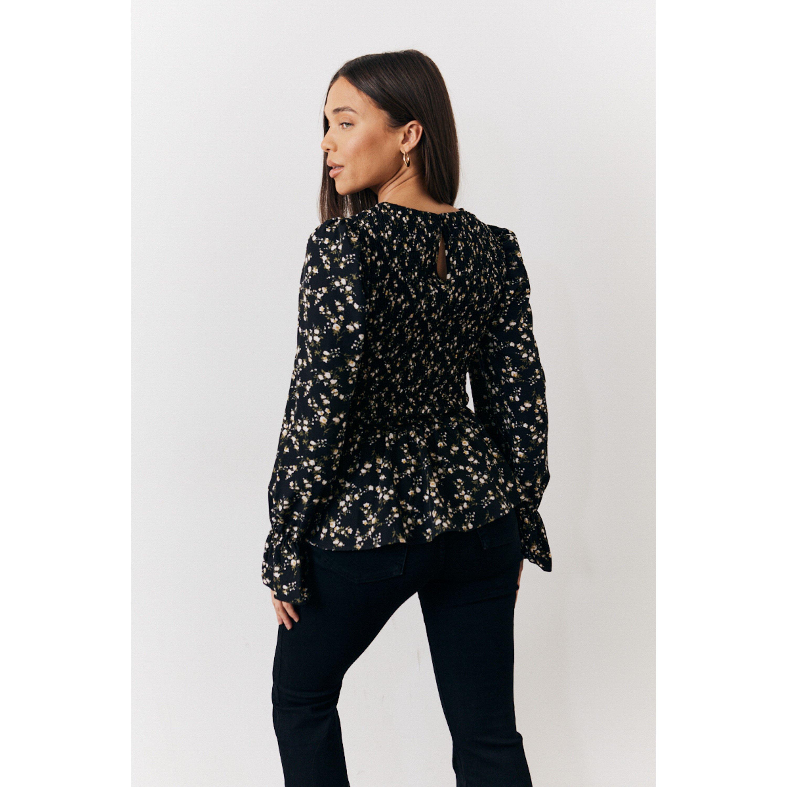 Black - In The Style - Multi Floral Belted Shirred Bust Blouse - 4