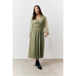 In The Style Khaki Chiffon Ruffle Midi Dress