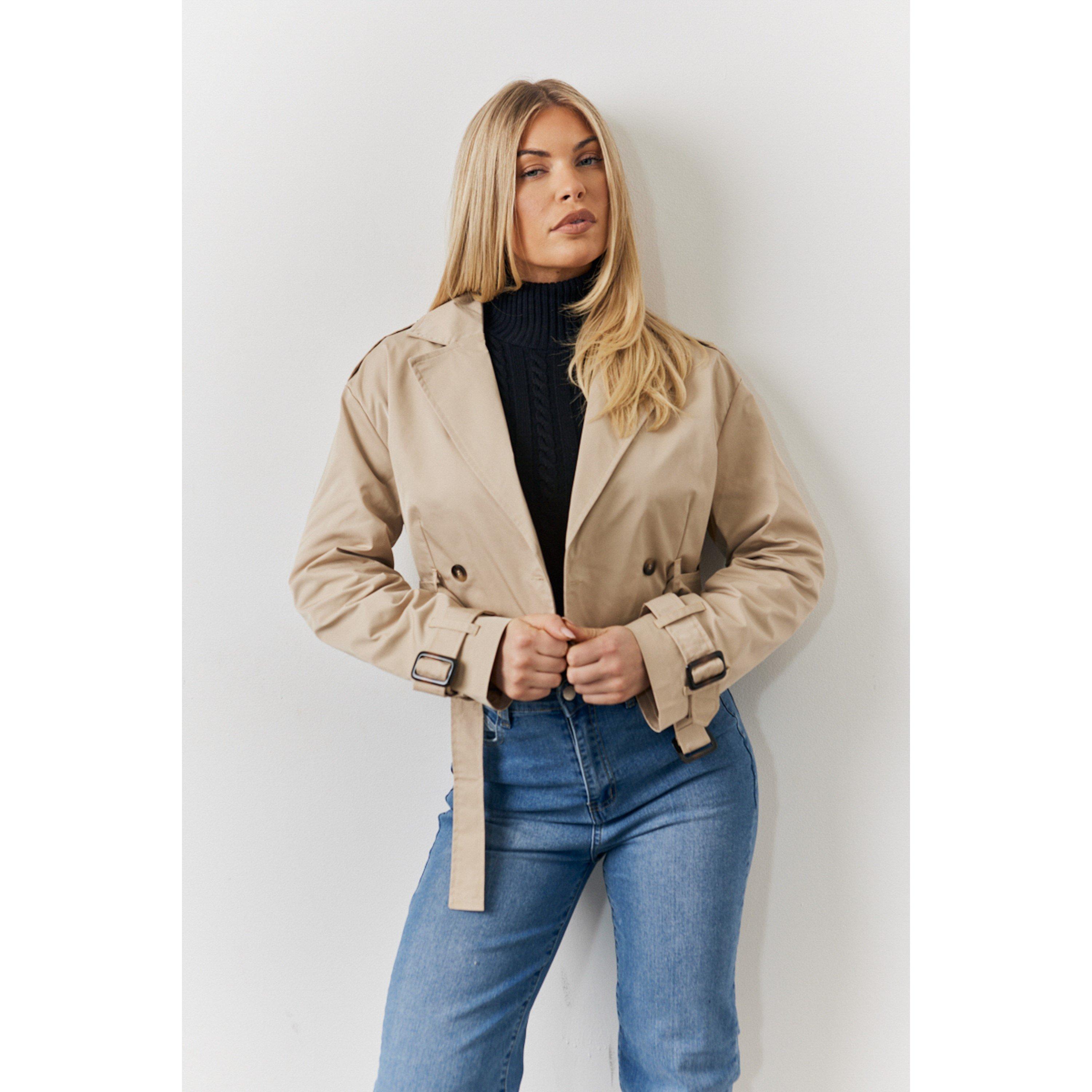 Brown - In The Style - Stone Cropped Belted Trench Coat - 3