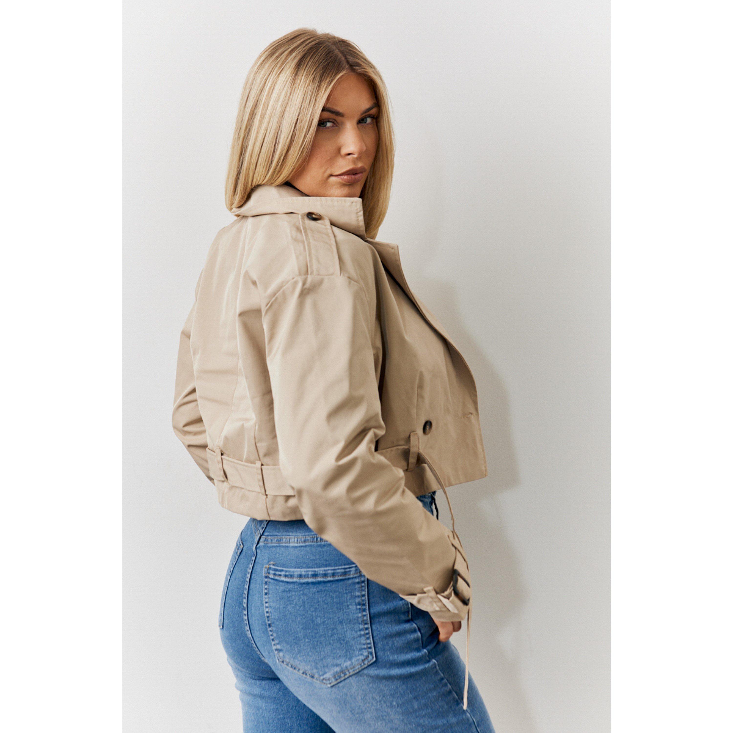 Brown - In The Style - Stone Cropped Belted Trench Coat - 4