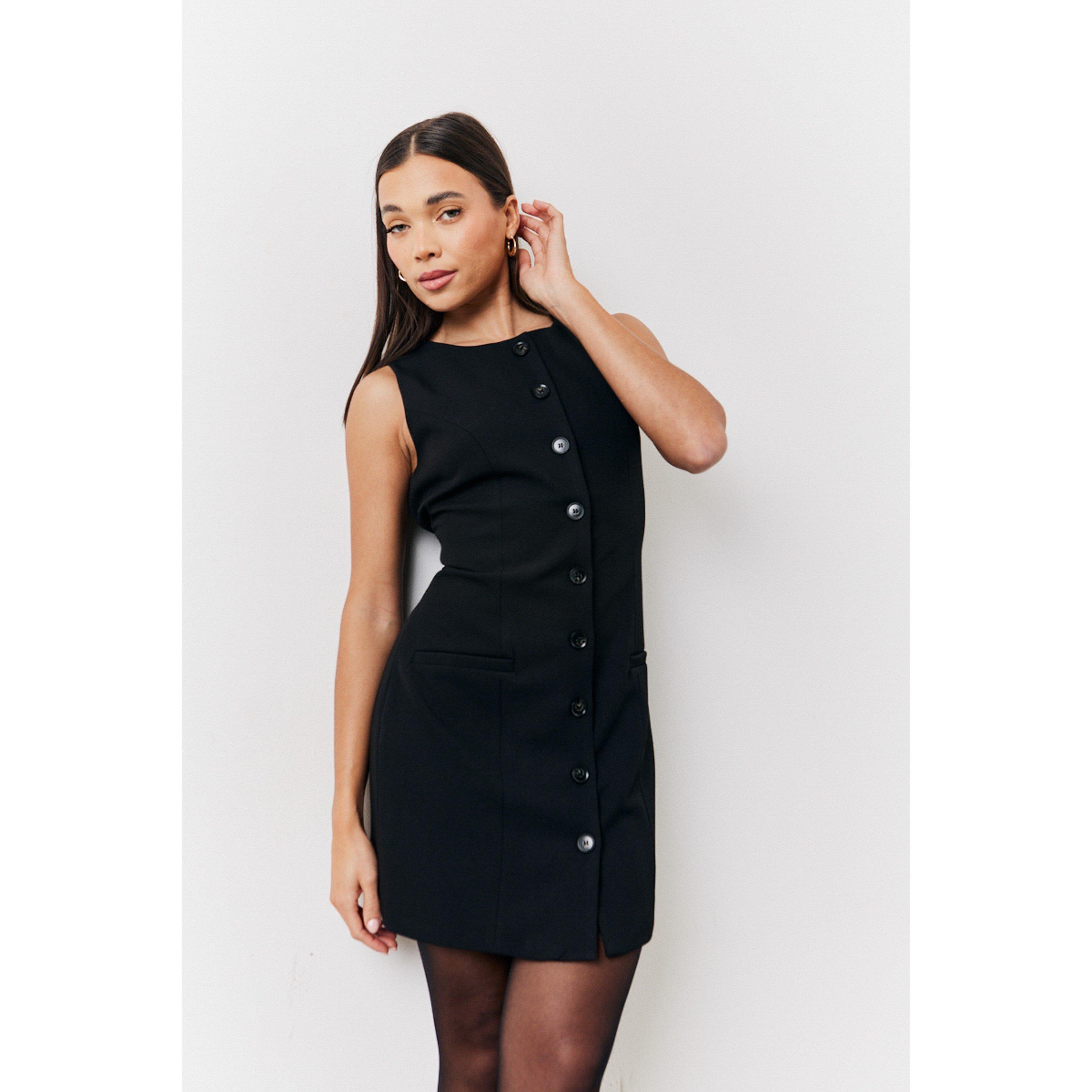 Black - In The Style - Black Round Neck Button Through Mini Dress - 3