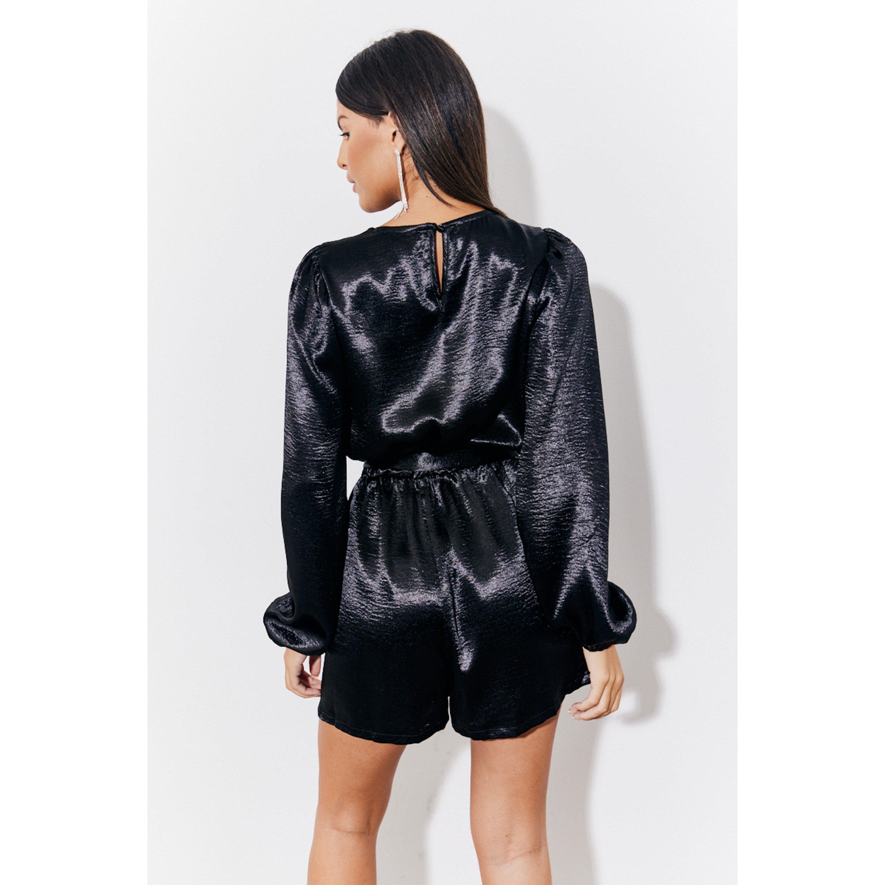 Black - In The Style - Black Liquid Satin Belted Detail Playsuit - 4