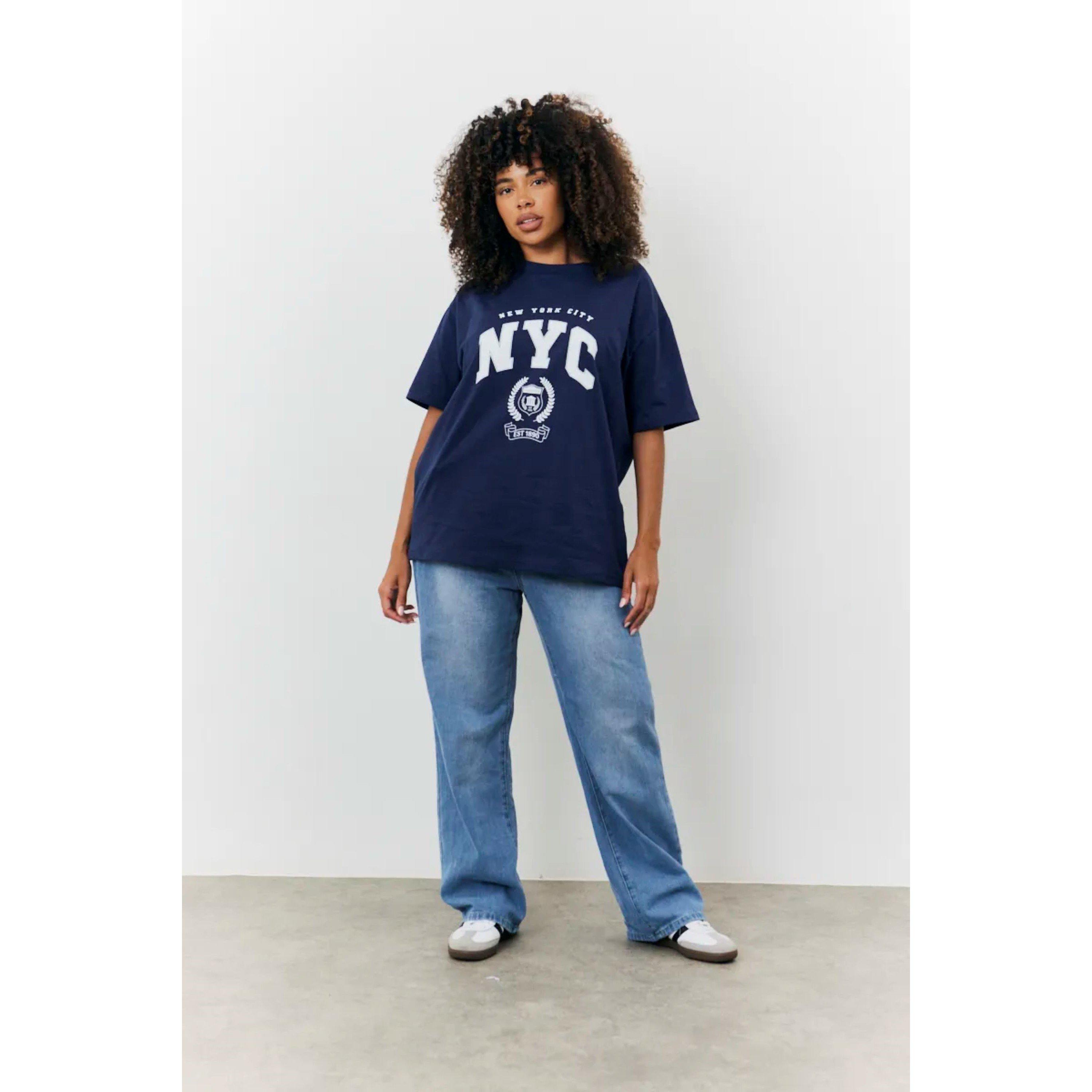 Navy - fITS - Navy NYC Printed Graphic Varsity T-Shirt - 1