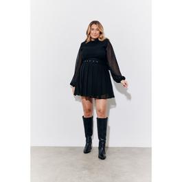In The Style Black Dobby Belted Pleated Skater Dress