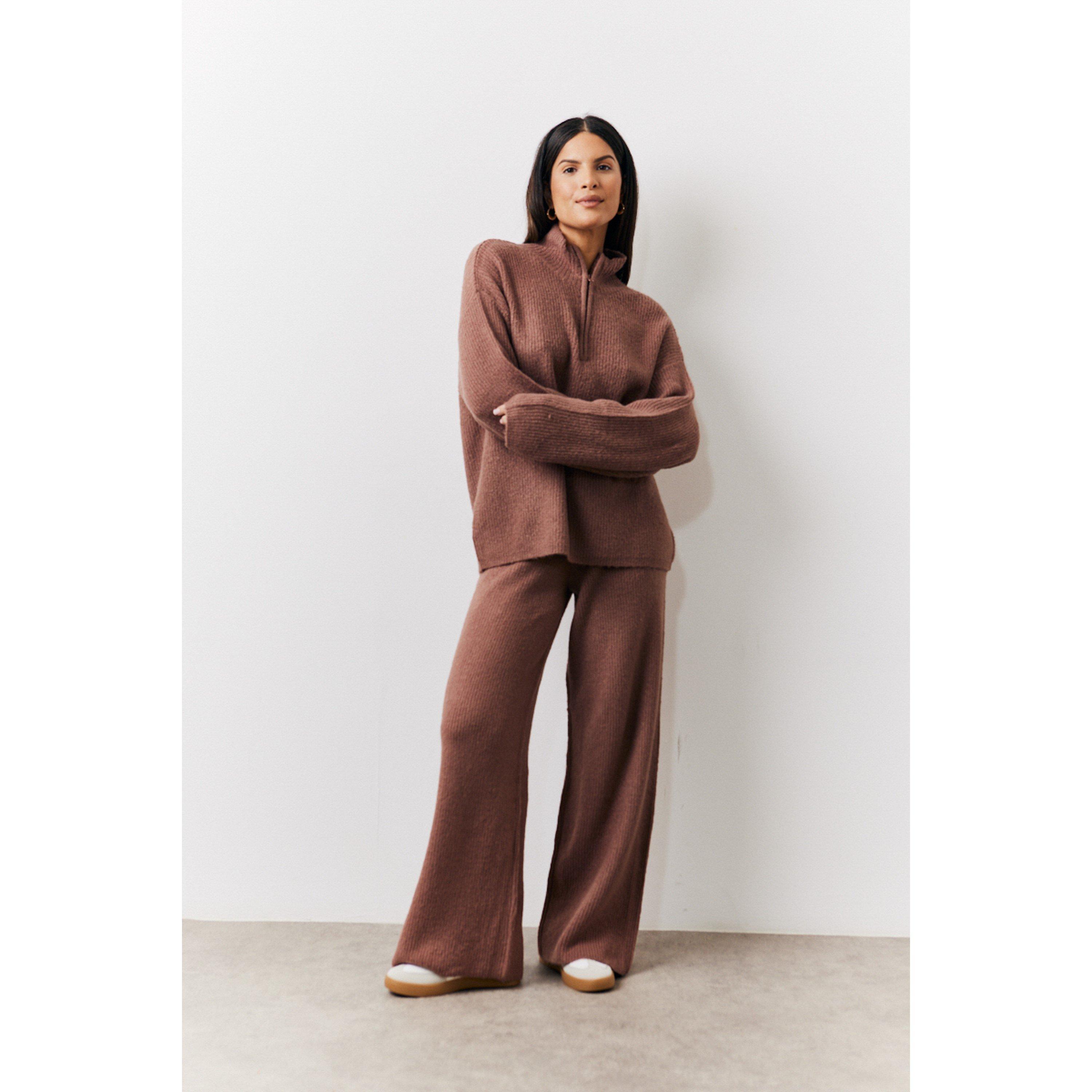 Brown - In The Style - Tall Mocha Wide Leg Knit Co-Ord Trousers - 1