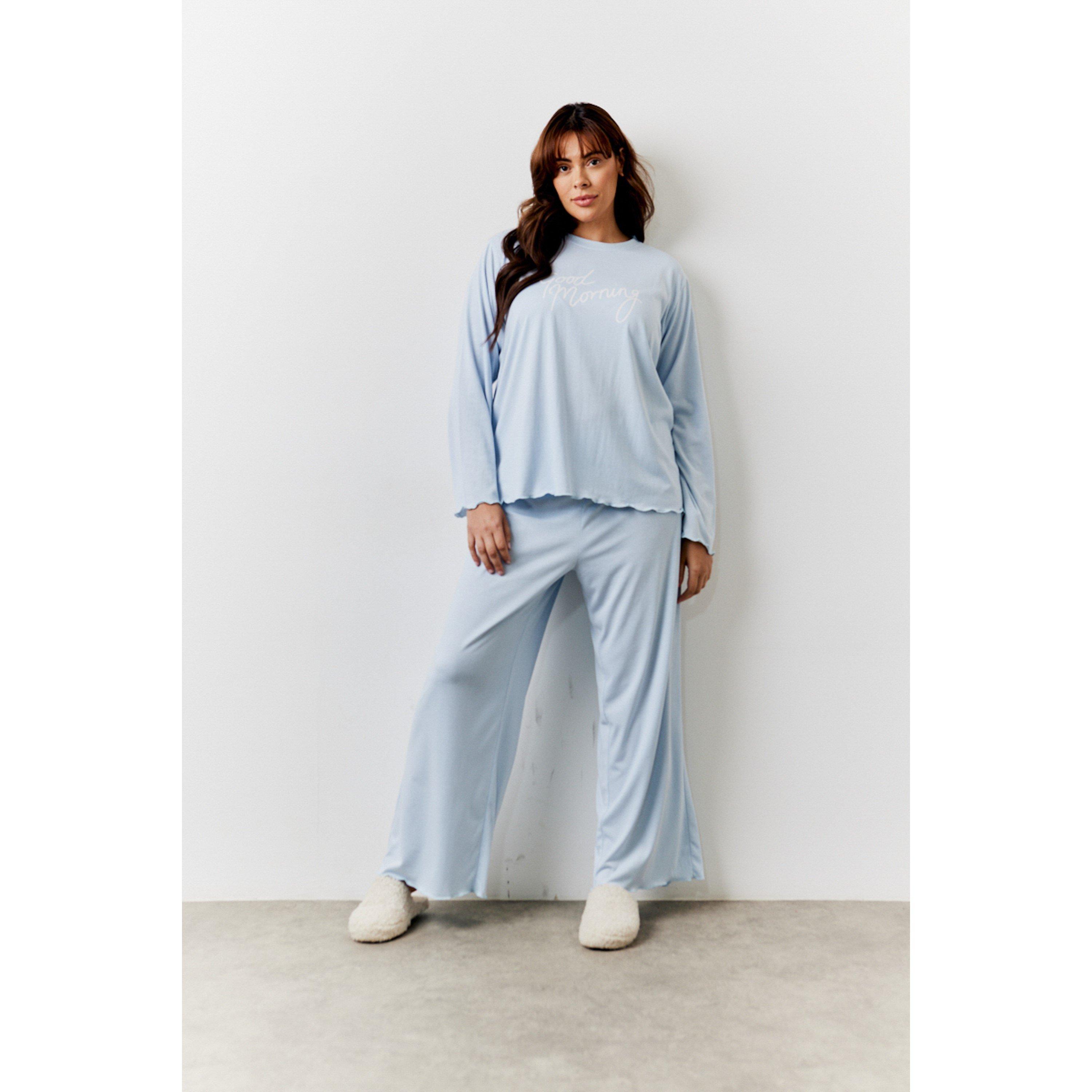 Blue - In The Style - Blue Lettuce Hem Slogan Long Sleeve Top and Trous - 1