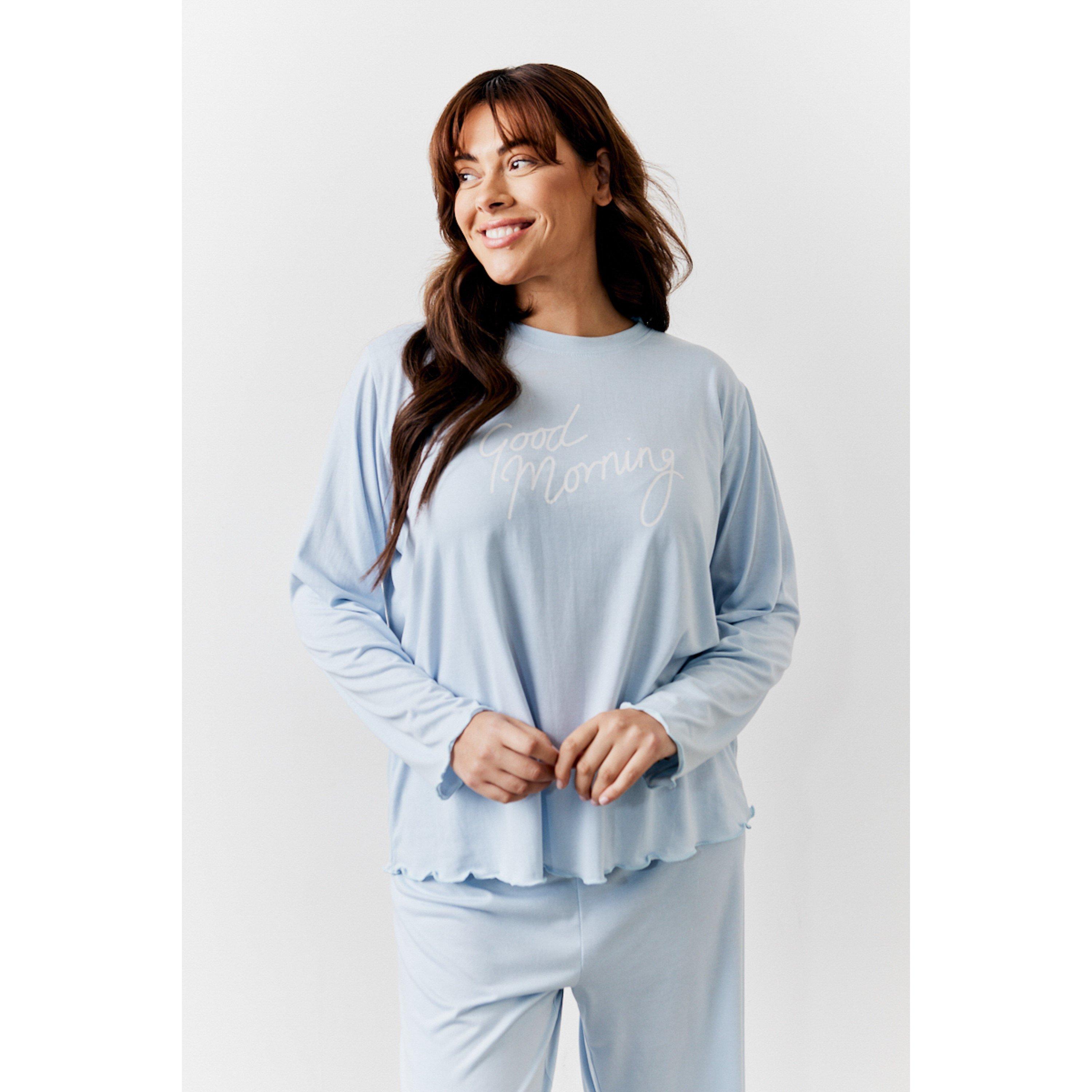 Blue - In The Style - Blue Lettuce Hem Slogan Long Sleeve Top and Trous - 3