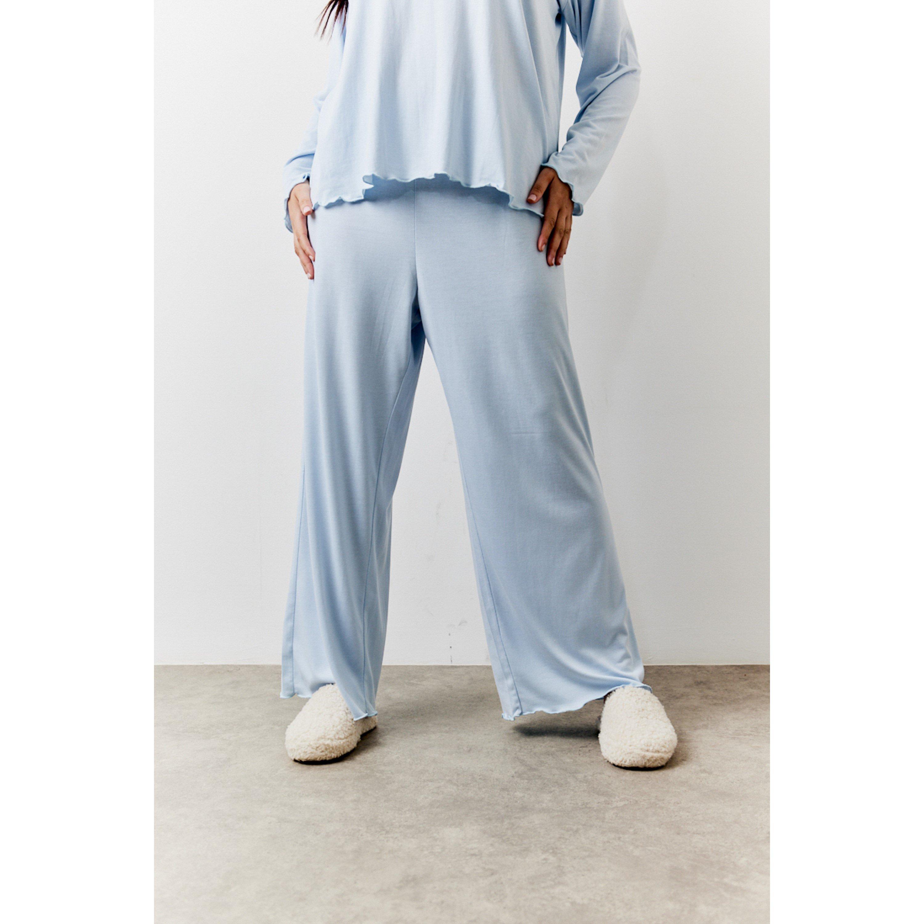 Blue - In The Style - Blue Lettuce Hem Slogan Long Sleeve Top and Trous - 4