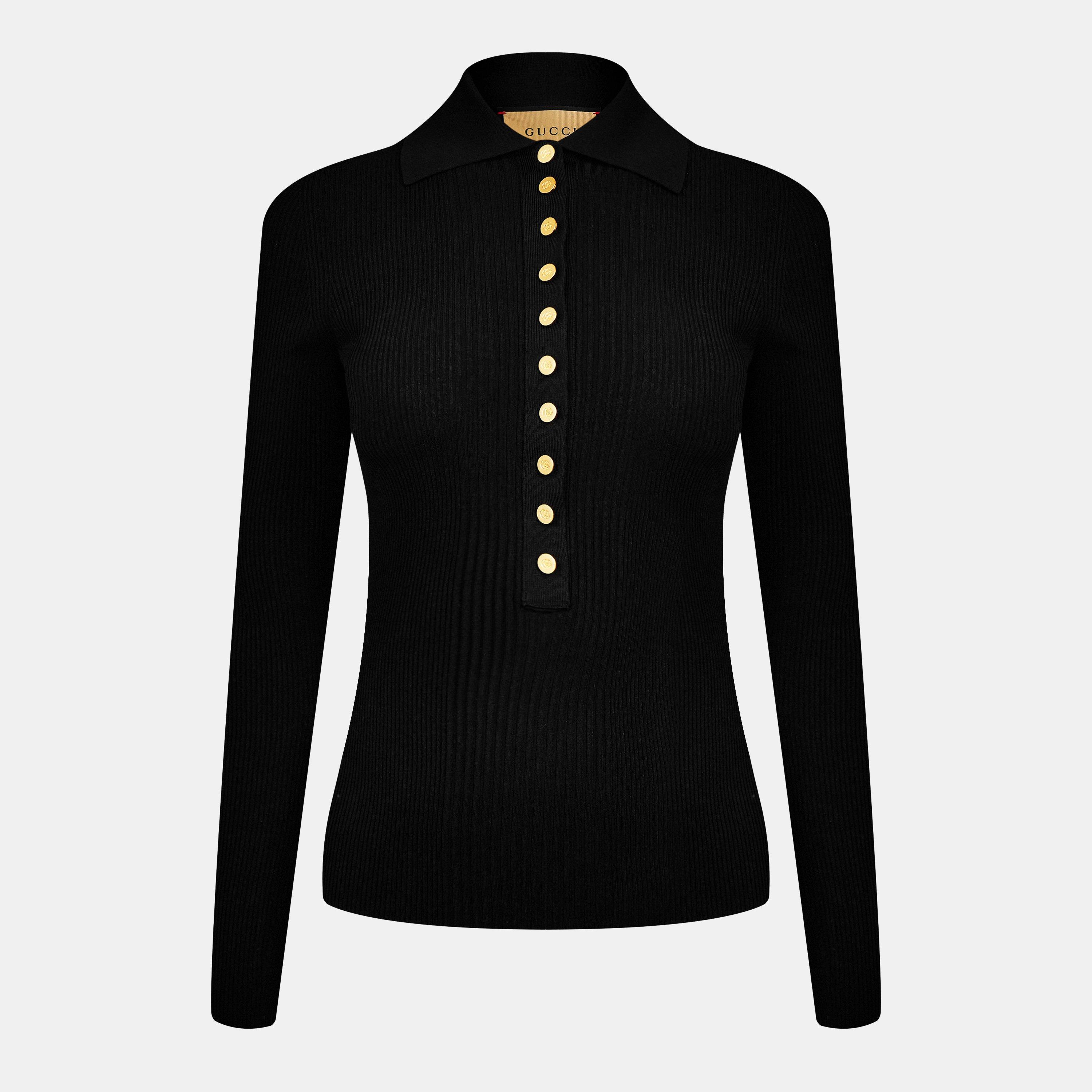 Gucci Women's Viscose Fine Rib Polo Shirt - Black 1000 - Size 6
