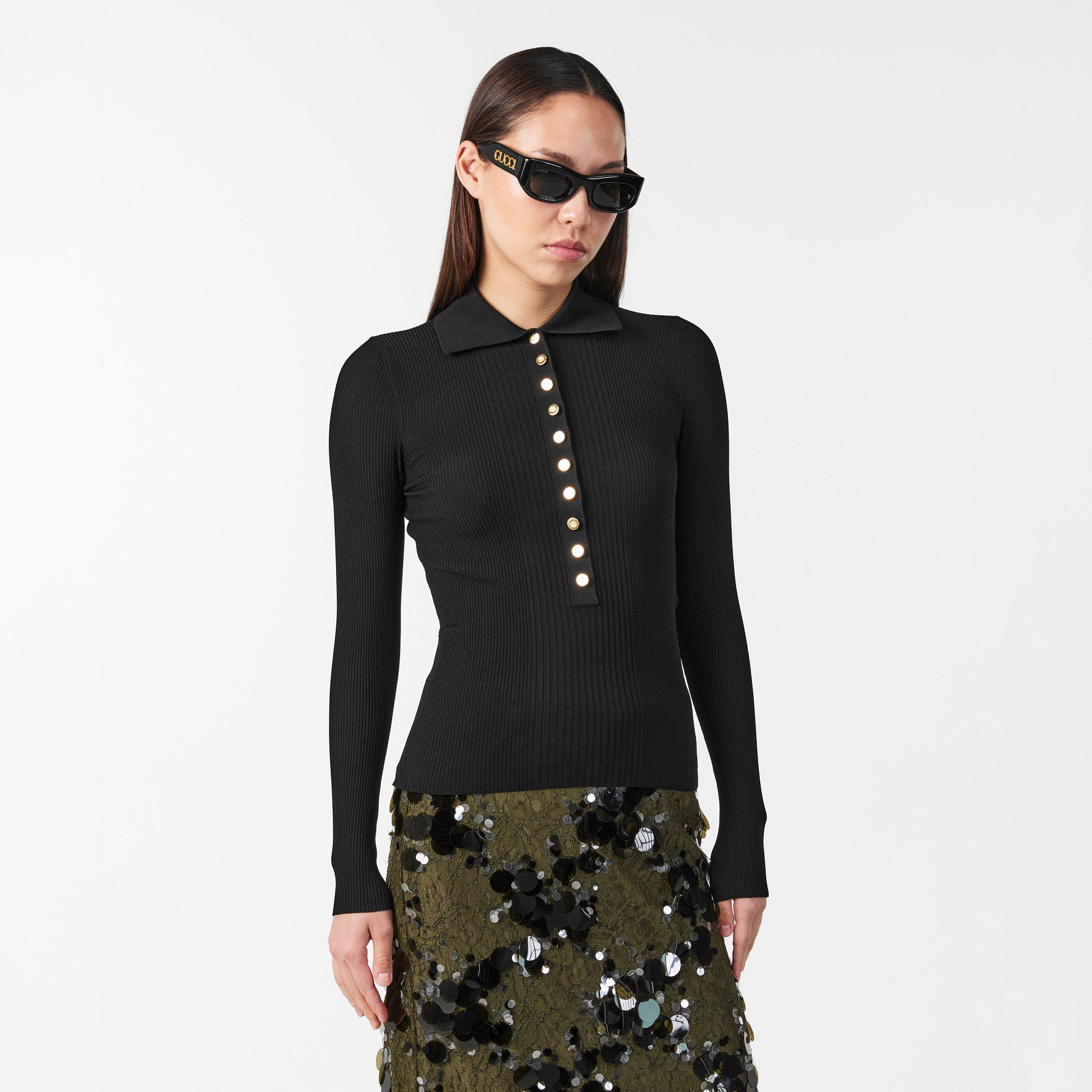 Black 1000 - Gucci - Women's Viscose Fine Rib Polo Shirt - 3