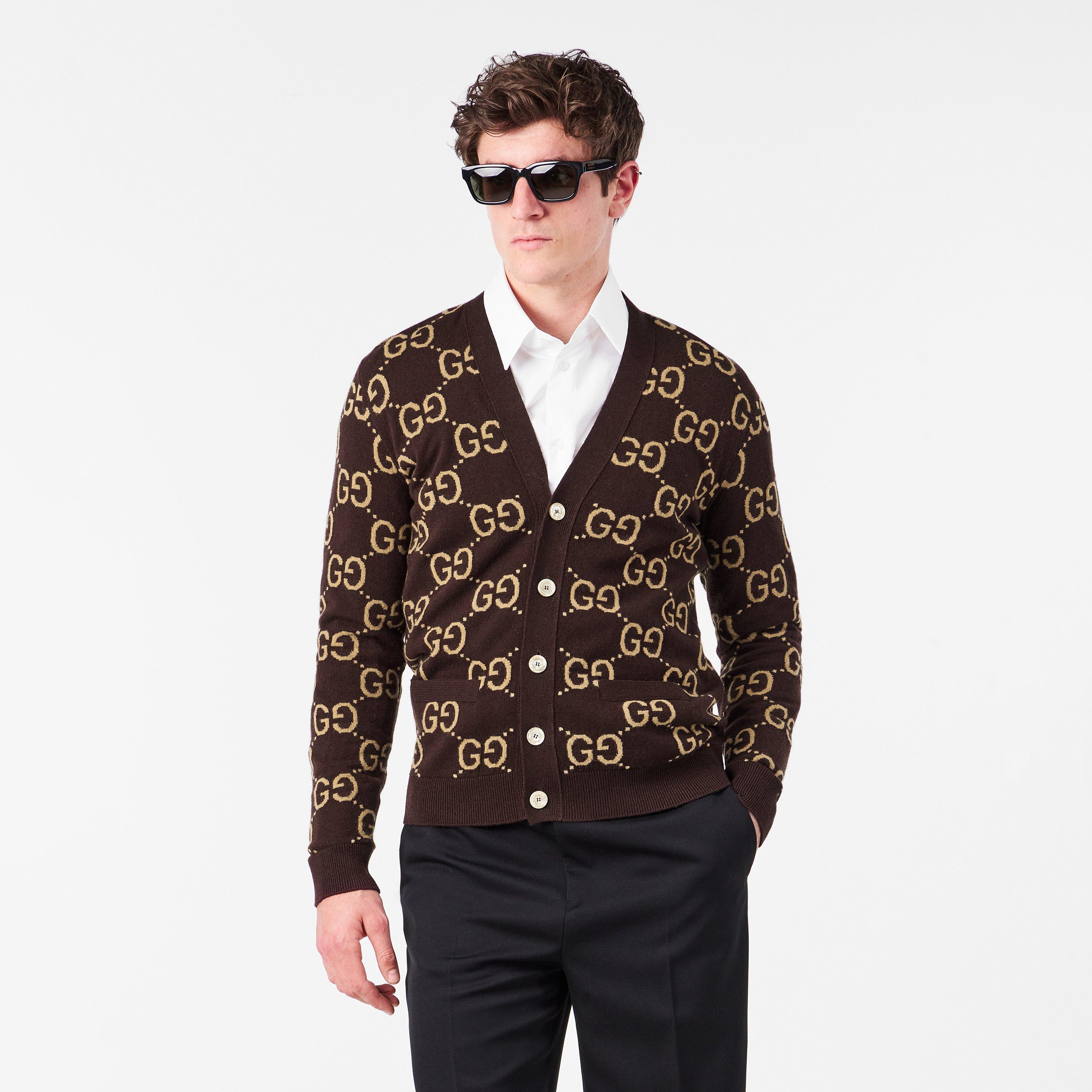 Bordeaux/Camel - Gucci - Monogram Jacquard Cardigan - 3