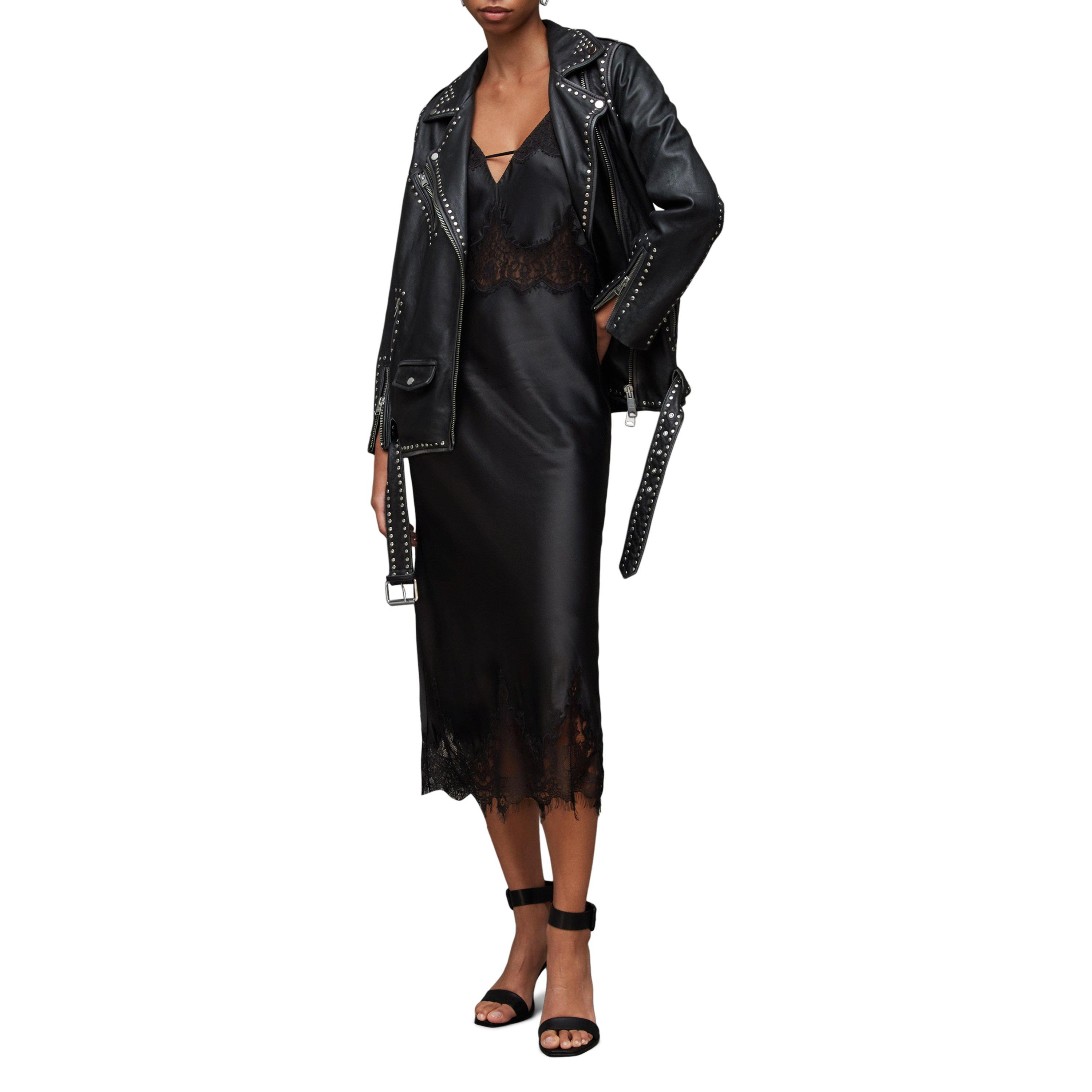 black - AllSaints - Women's Ophelia Silk Blend Lace Trim Slip Dress - 2