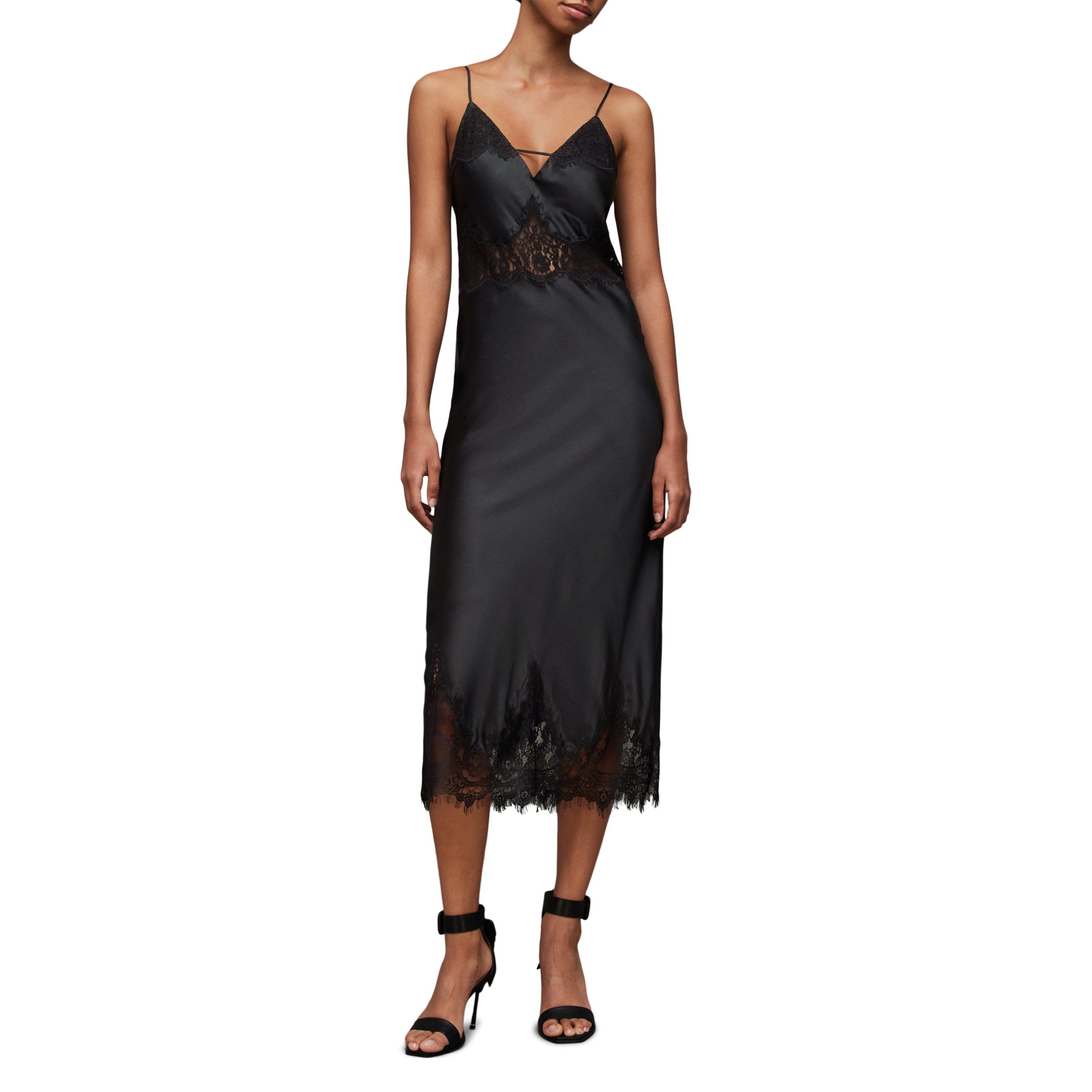 black - AllSaints - Women's Ophelia Silk Blend Lace Trim Slip Dress - 3