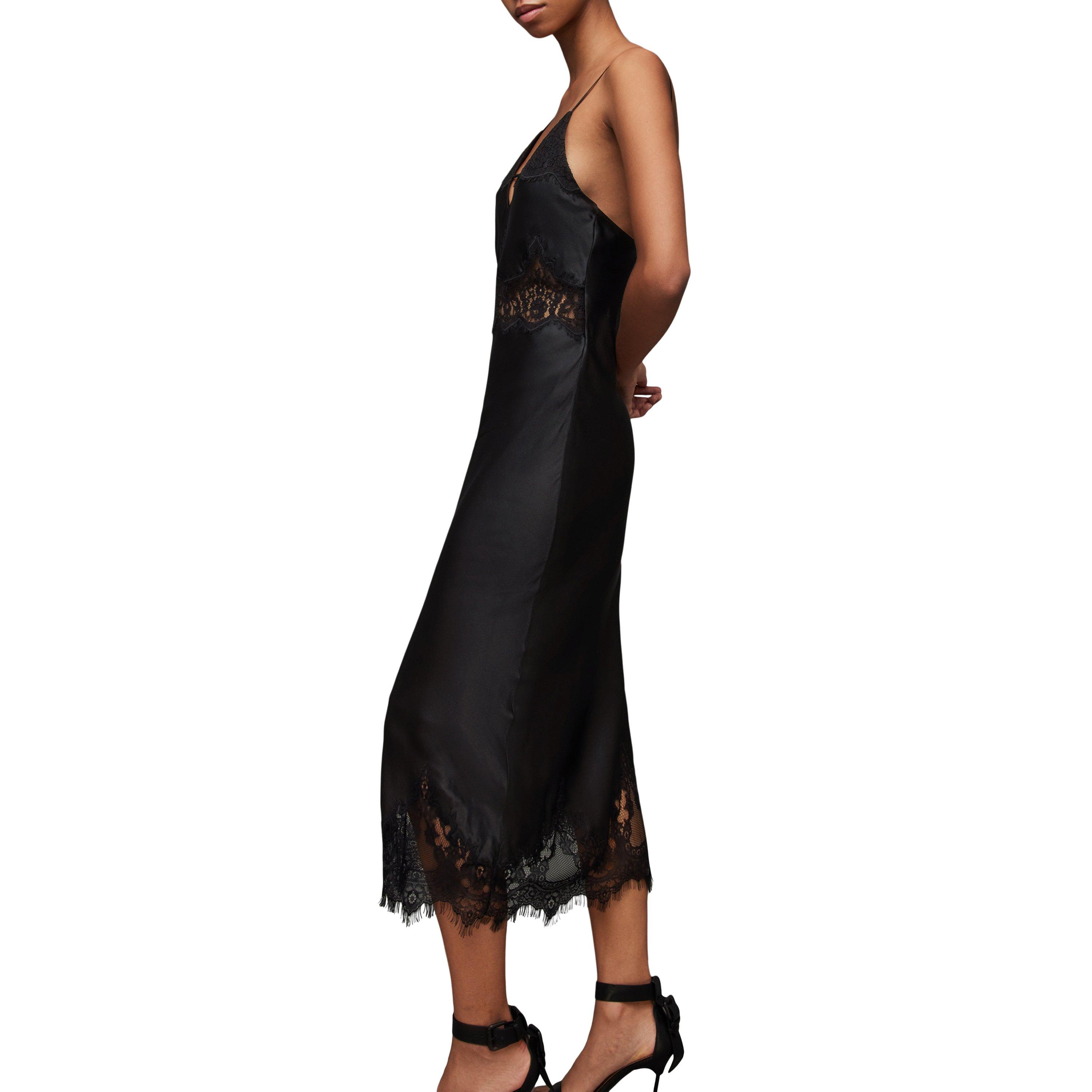 black - AllSaints - Women's Ophelia Silk Blend Lace Trim Slip Dress - 6