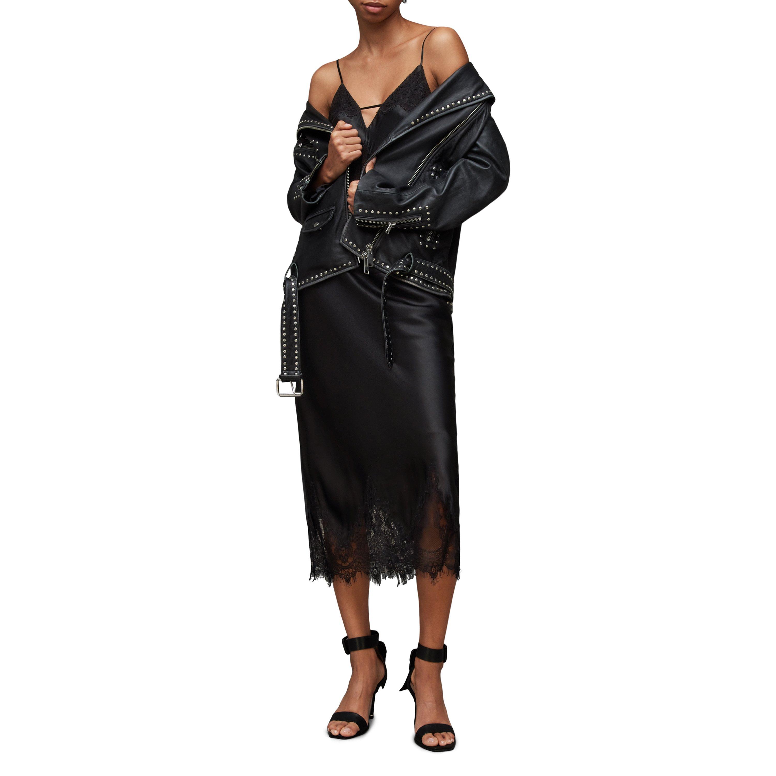 black - AllSaints - Women's Ophelia Silk Blend Lace Trim Slip Dress - 7