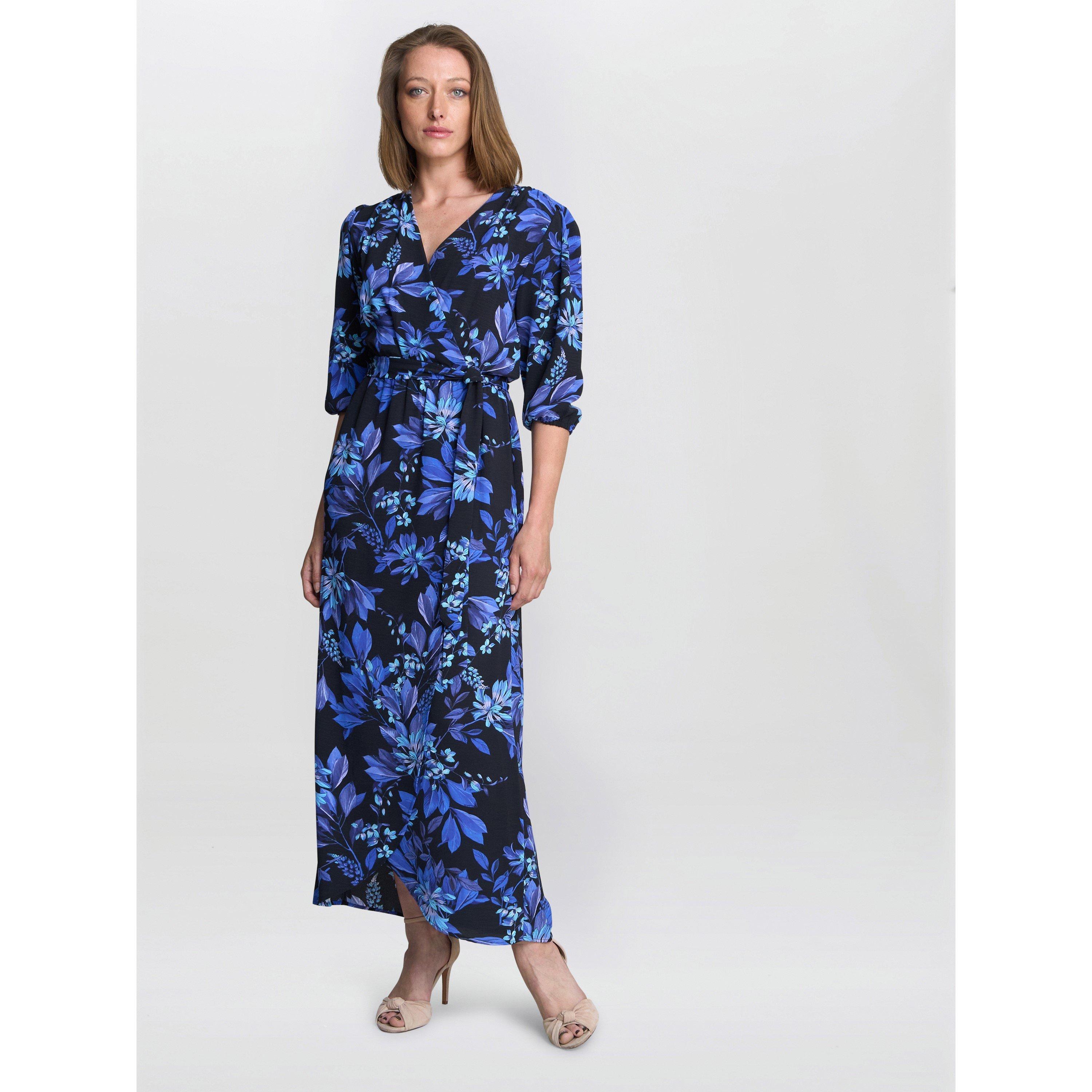 Black / Blue - Gina Bacconi - Women's Emilyn Floral Print A-Line Dress - 2