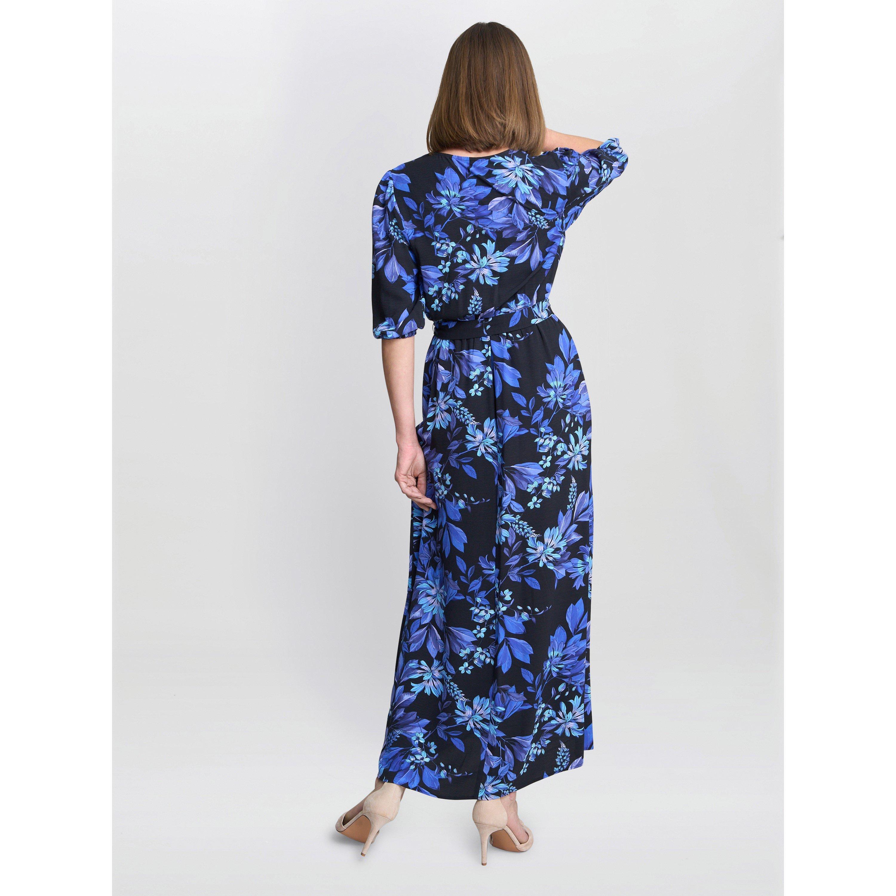 Black / Blue - Gina Bacconi - Women's Emilyn Floral Print A-Line Dress - 3
