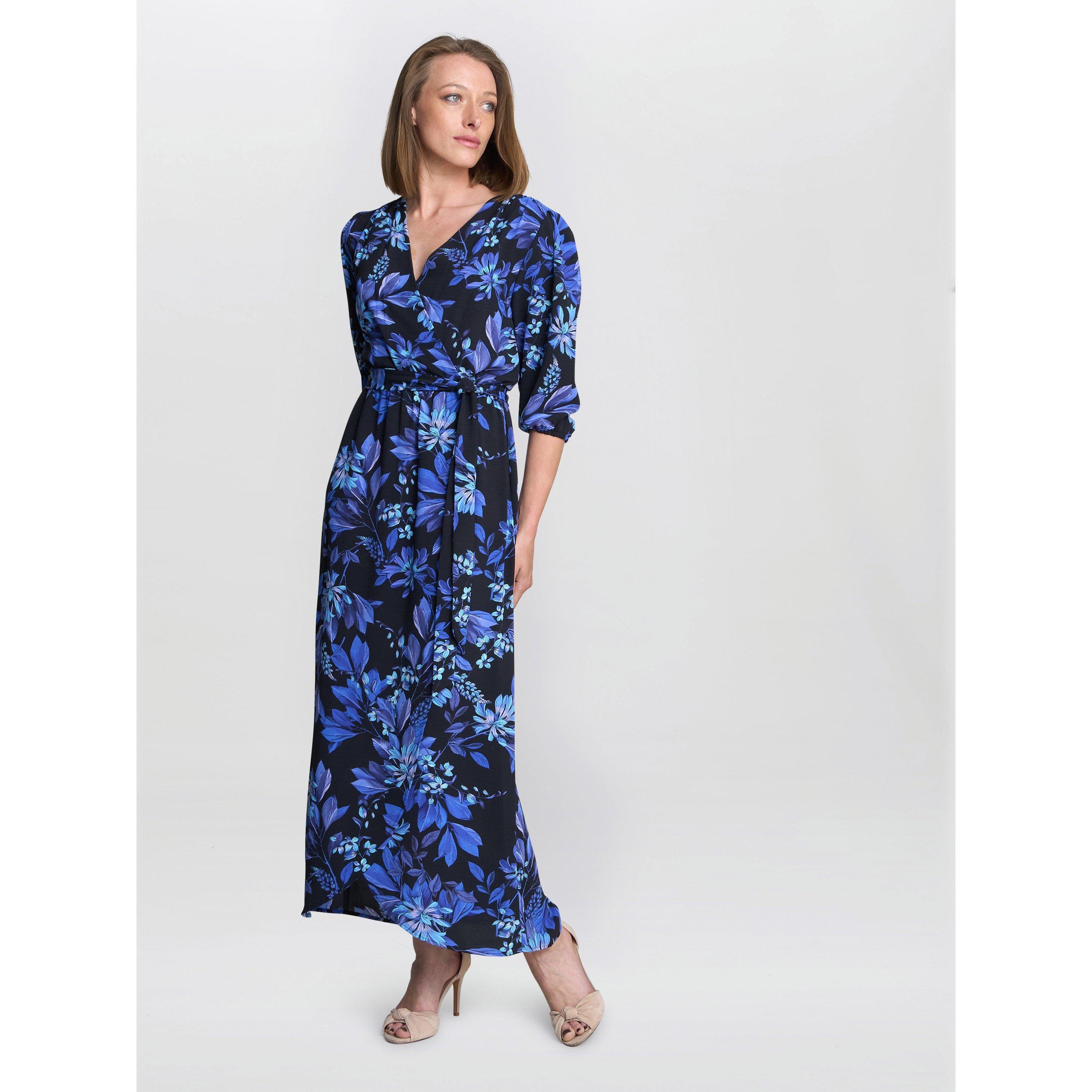 Black / Blue - Gina Bacconi - Women's Emilyn Floral Print A-Line Dress - 4