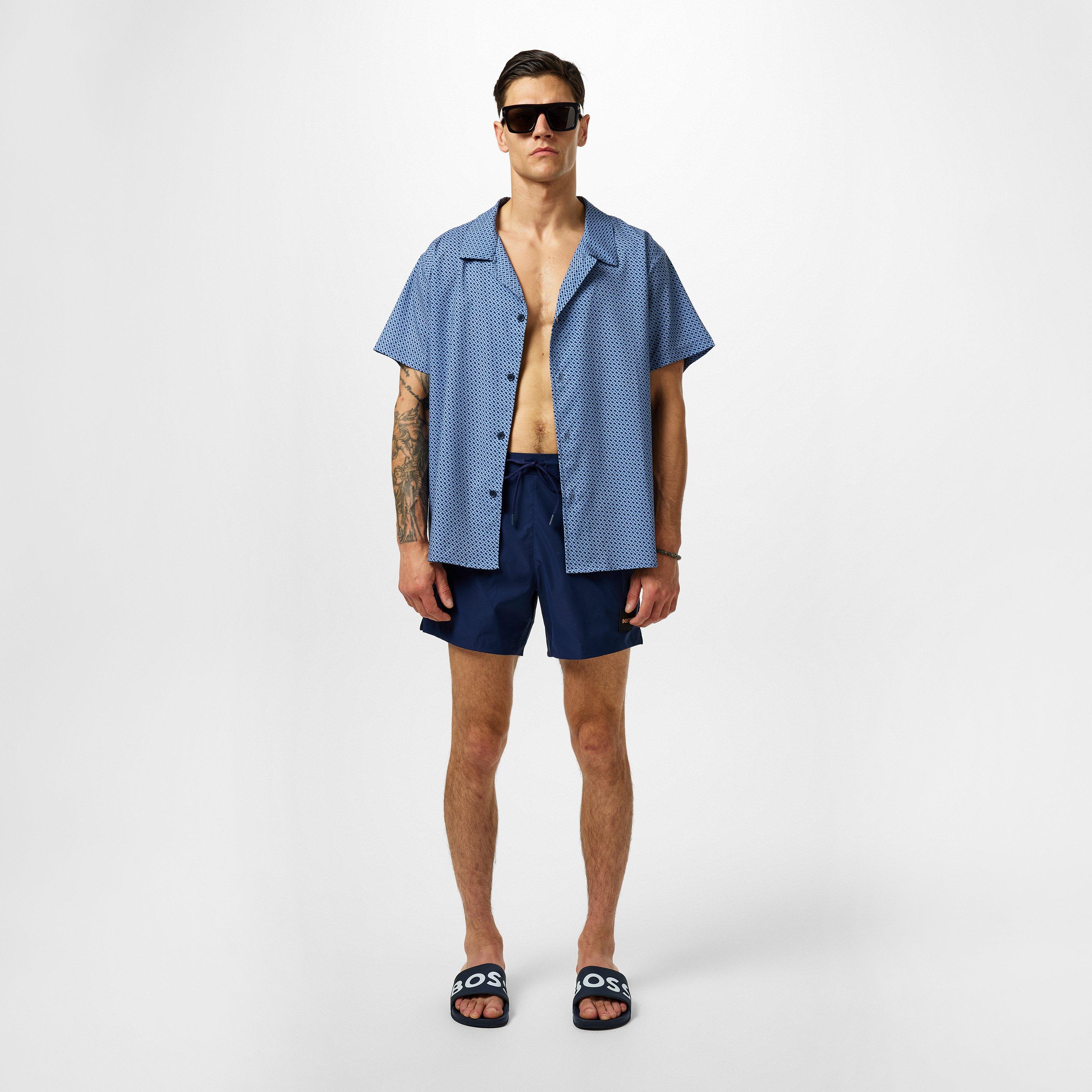 Navy - Boss - Men's Luc Badge Swim Shorts, Comfortable Elasticated Waist - 6