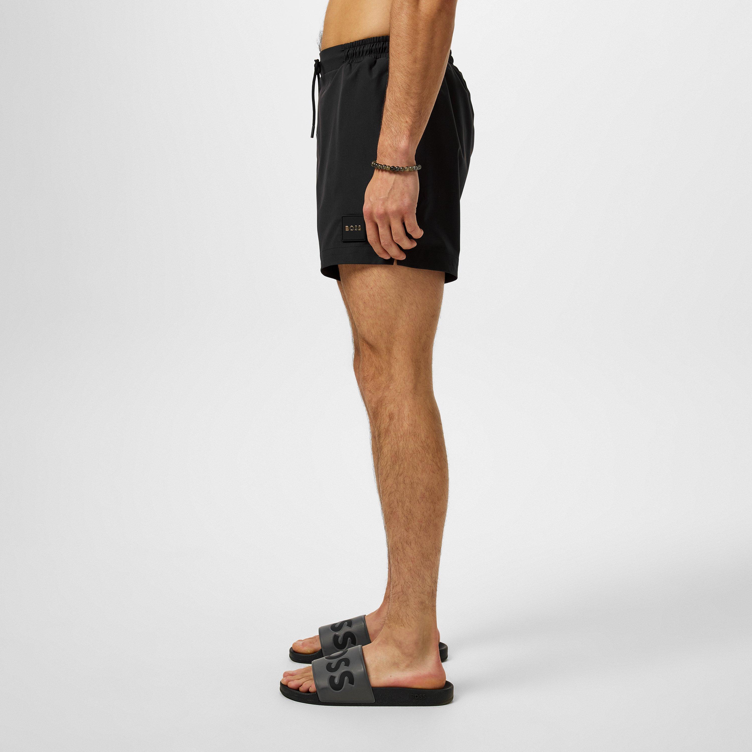 Black - Boss - Men's Luc Badge Swim Shorts, Comfortable Elasticated Waist - 4