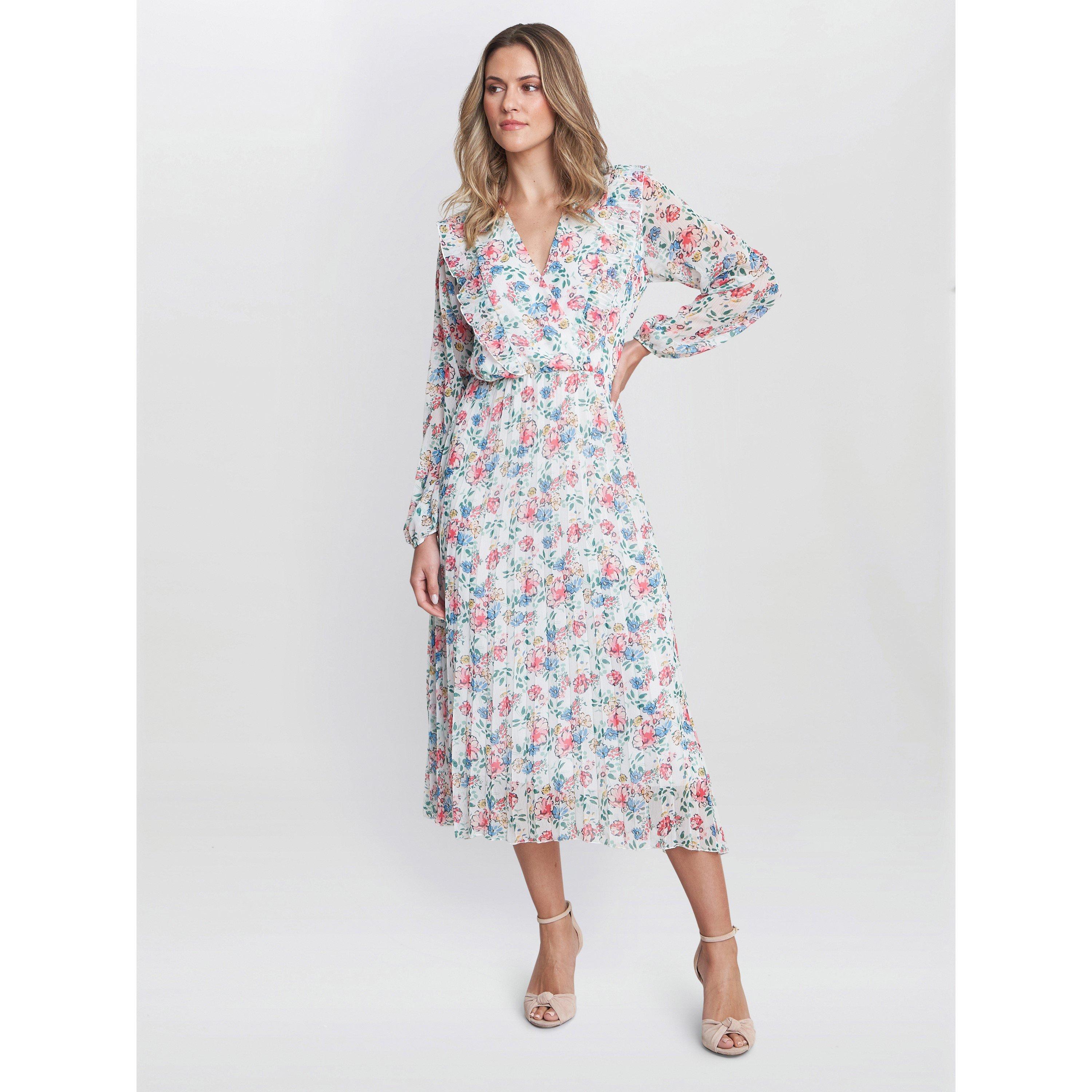 White / Multi - Gina Bacconi - Chantelle Pleated Frill Dress - 3