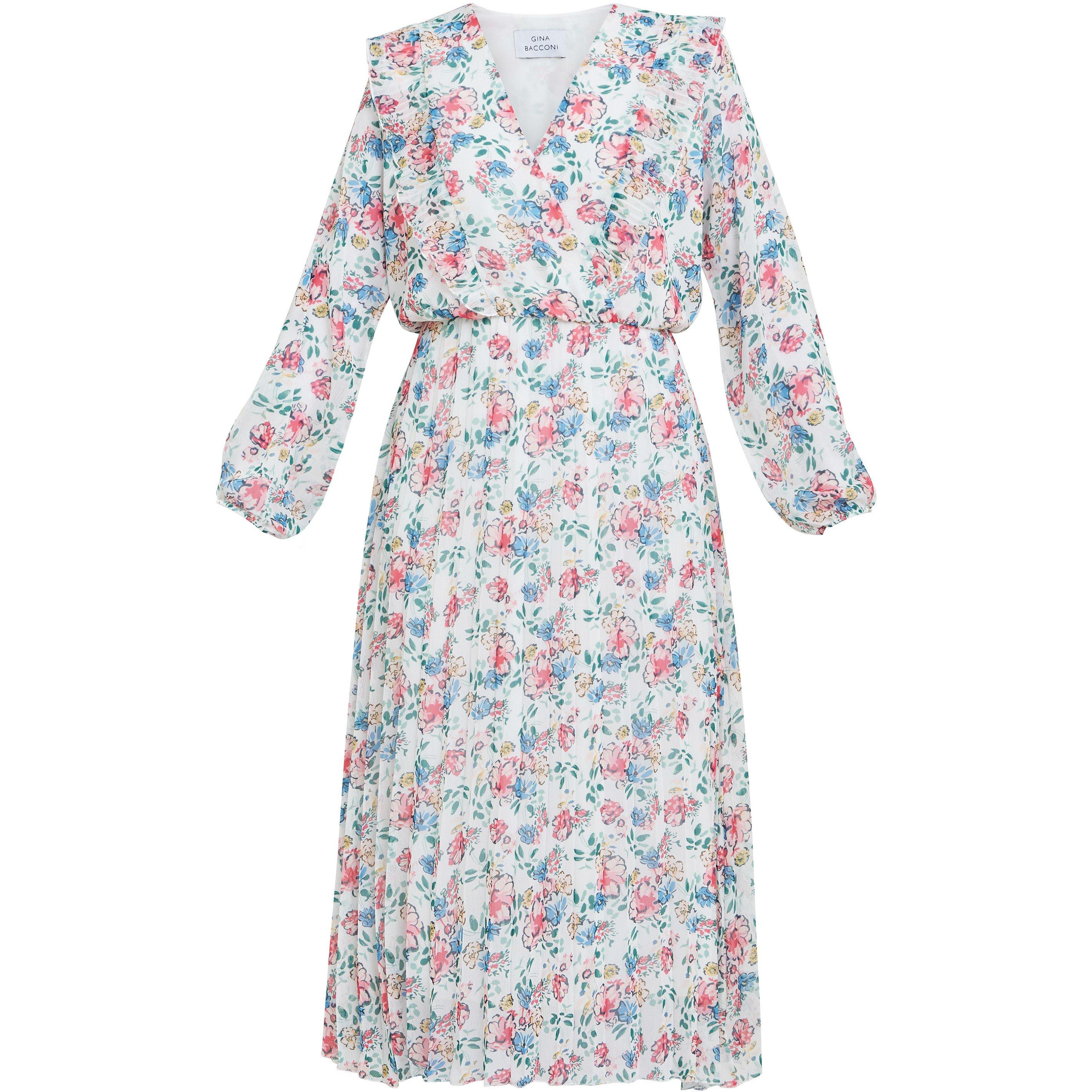 White / Multi - Gina Bacconi - Chantelle Pleated Frill Dress - 4