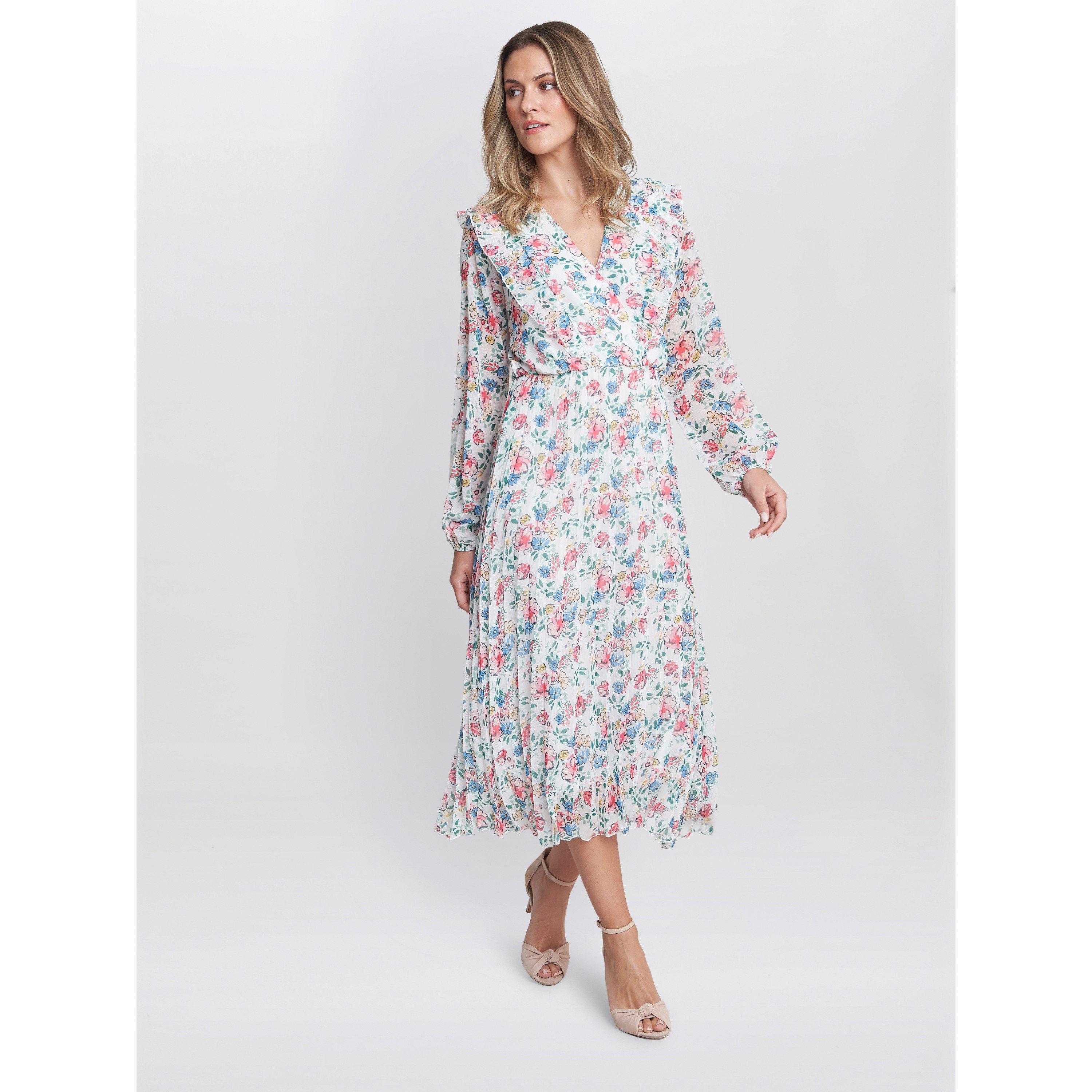 White / Multi - Gina Bacconi - Chantelle Pleated Frill Dress - 6