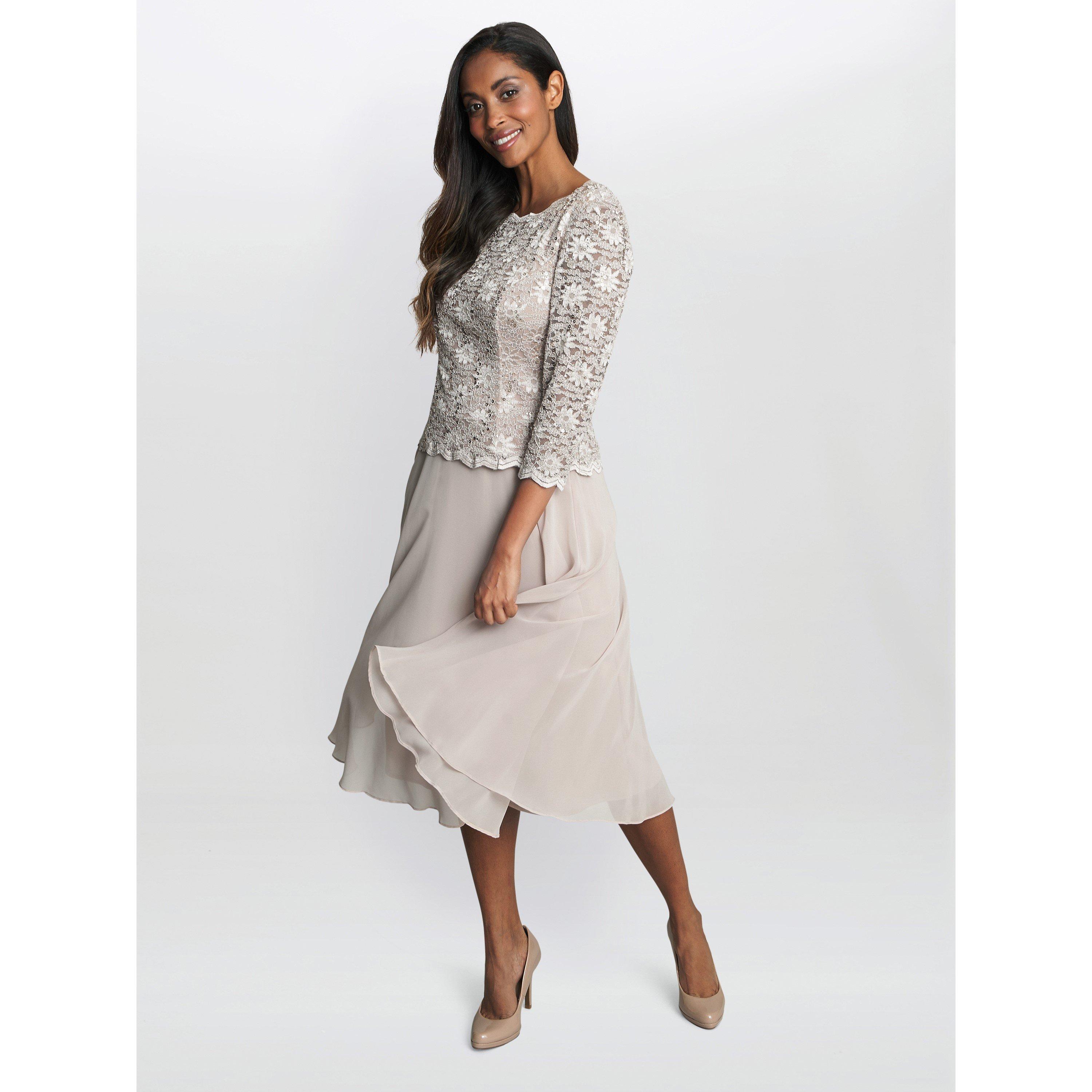 Taupe - Gina Bacconi - Rona Midi-Length Dress With Lace Bodice - 1
