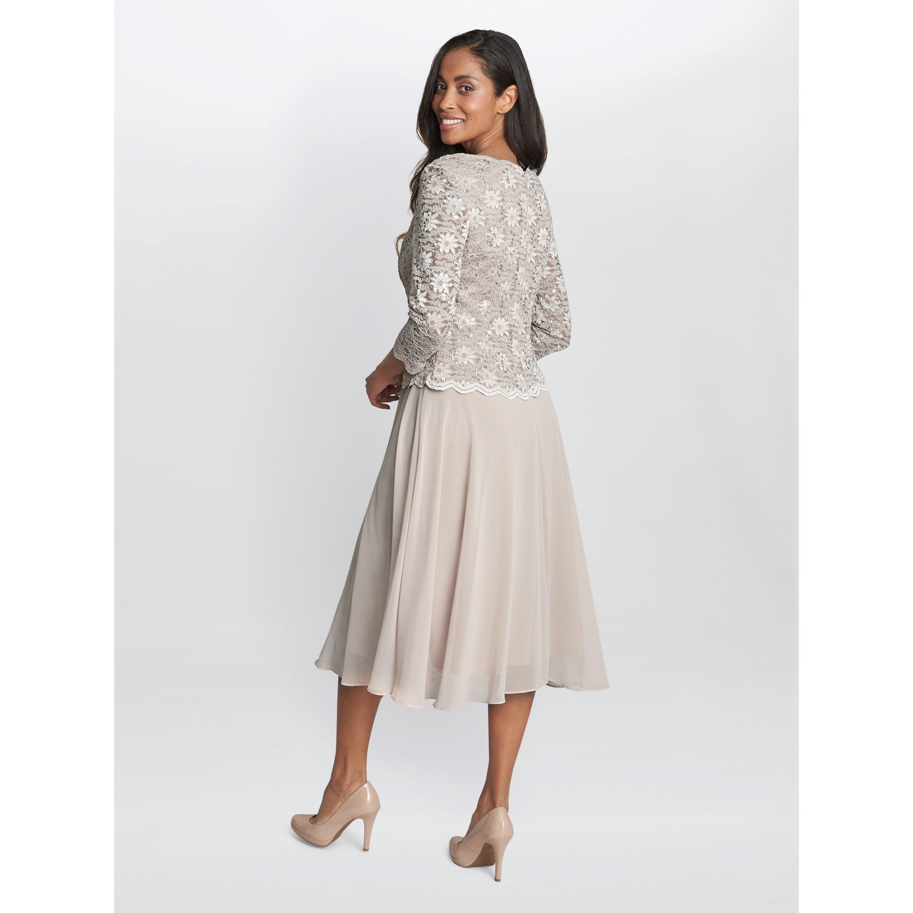Taupe - Gina Bacconi - Rona Midi-Length Dress With Lace Bodice - 2