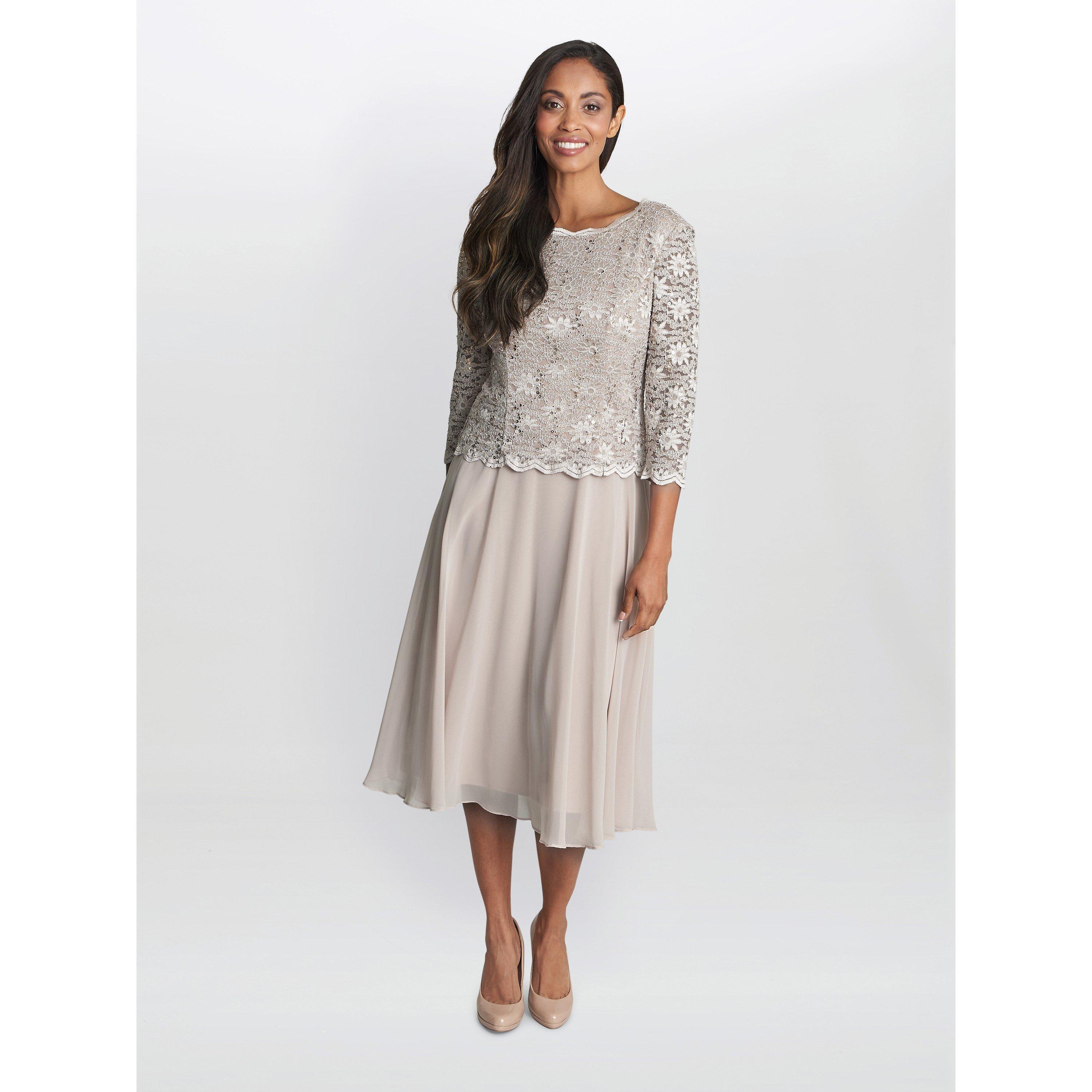 Taupe - Gina Bacconi - Rona Midi-Length Dress With Lace Bodice - 3