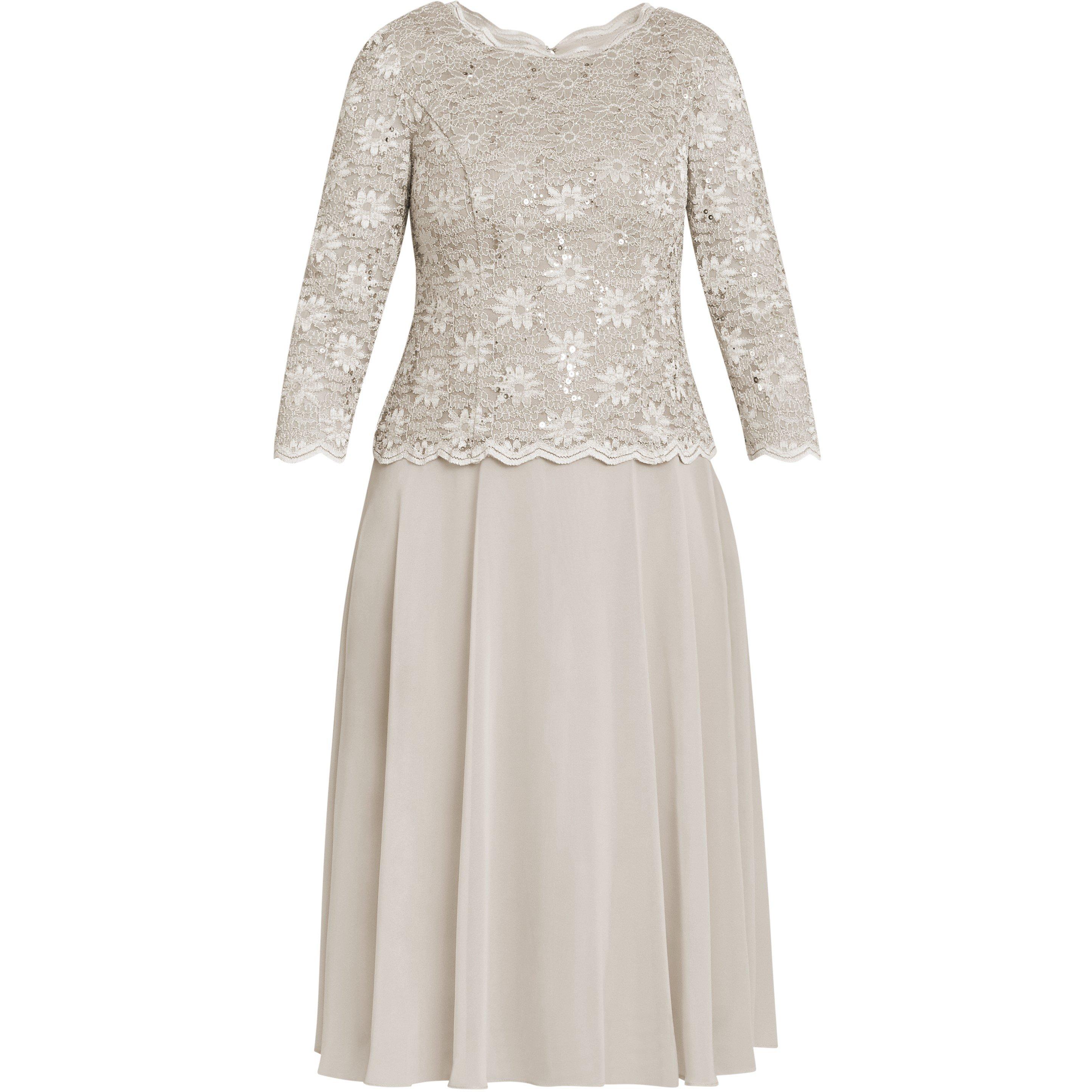 Taupe - Gina Bacconi - Rona Midi-Length Dress With Lace Bodice - 4