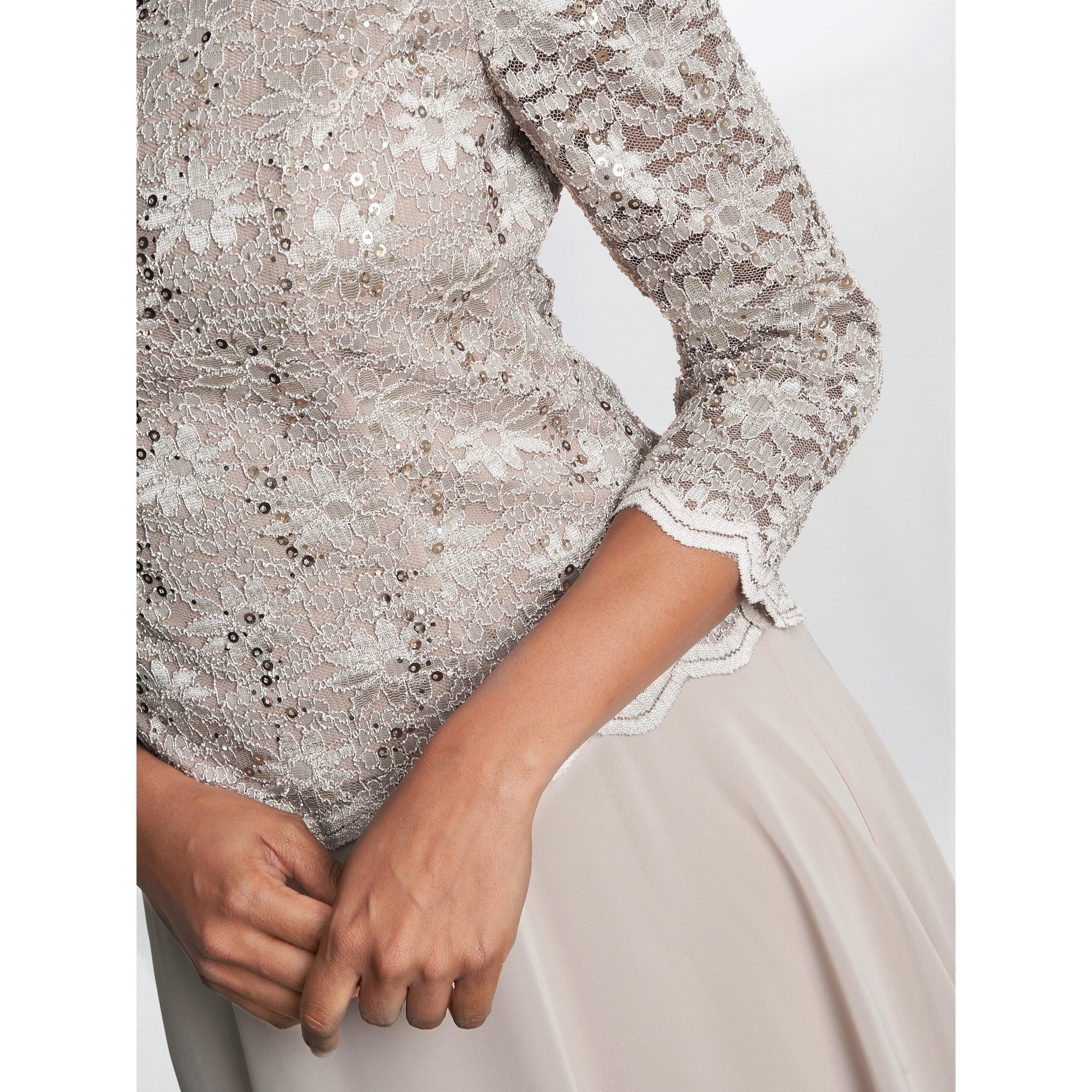 Taupe - Gina Bacconi - Rona Midi-Length Dress With Lace Bodice - 5