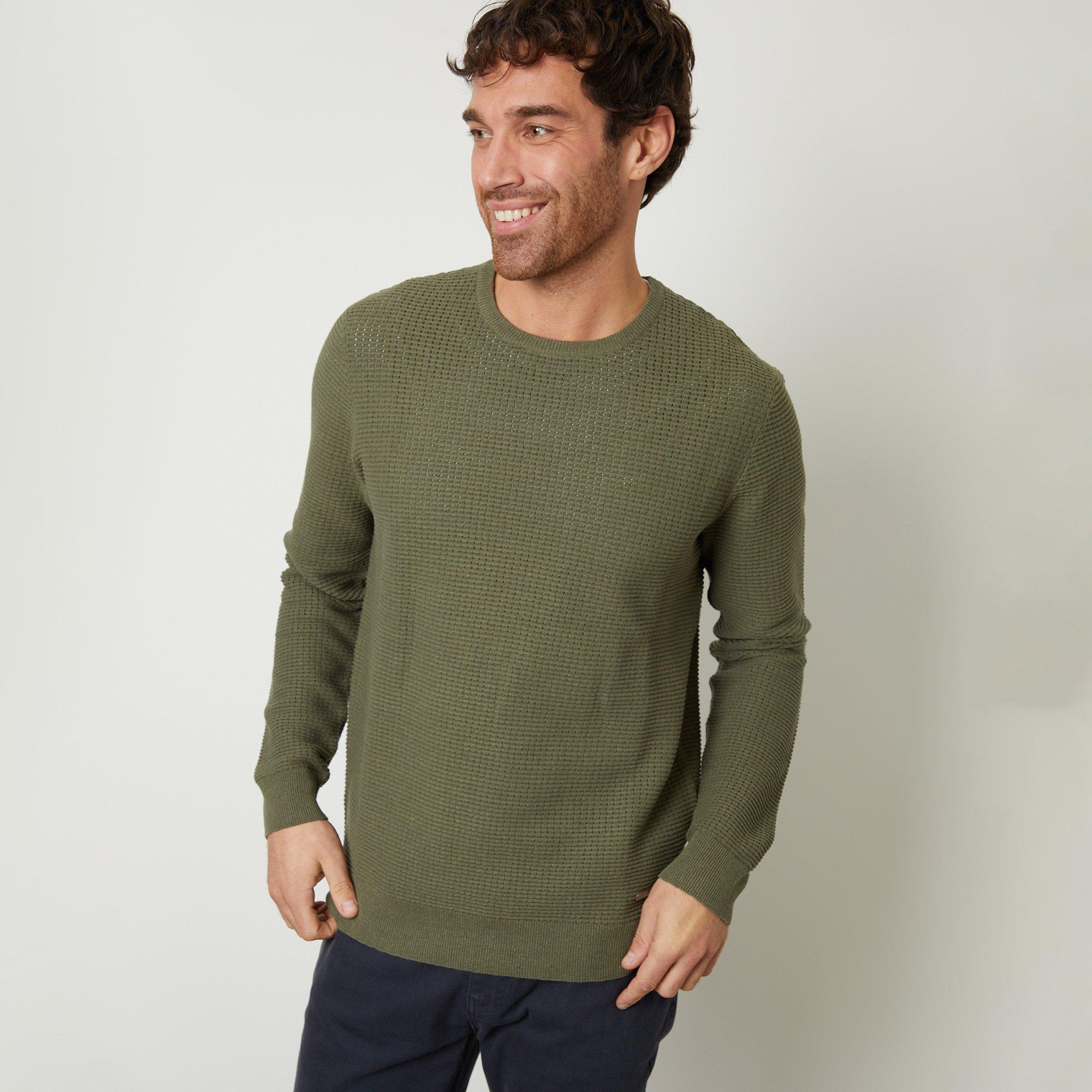 Threadbare Men's Crochet Knit Crew Neck Jumper - Olive - M