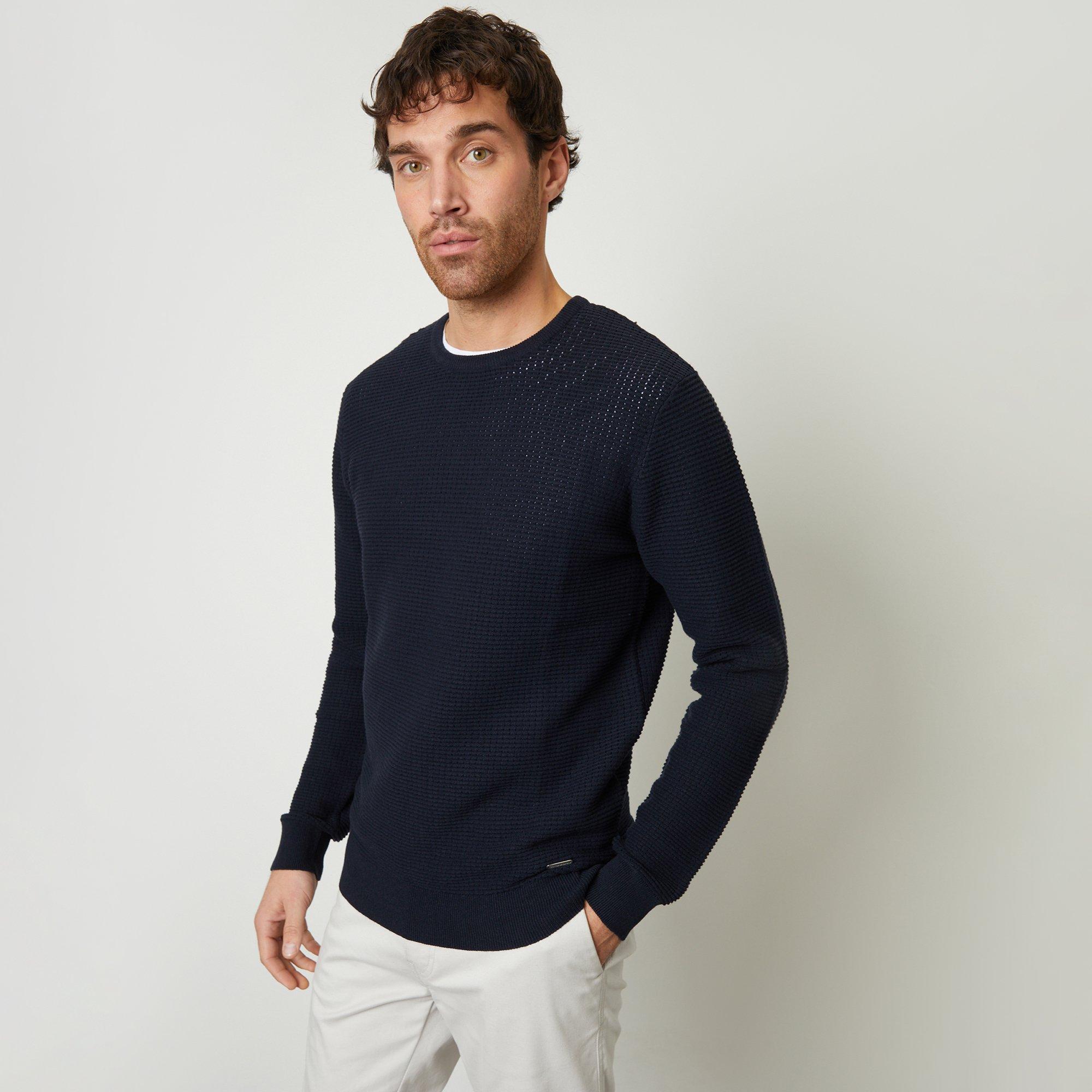 Threadbare Men's Crochet Knit Crew Neck Jumper - Navy - L